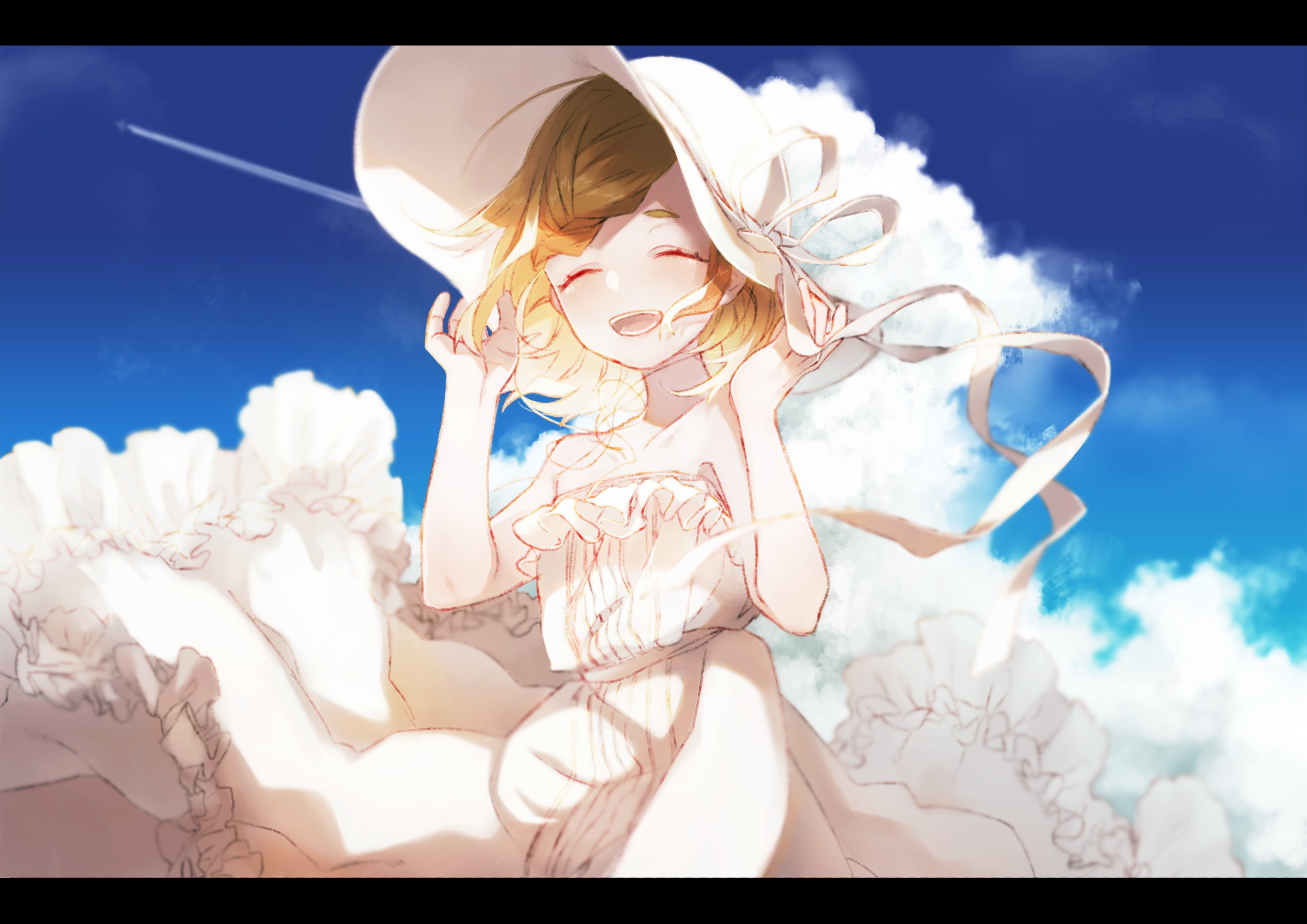 Anime girl in white dress and hat under blue sky HD Wallpaper