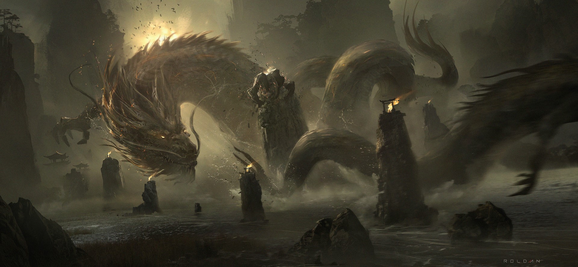 Chinese dragon in a misty mountain landscape with torches HD Wallpaper