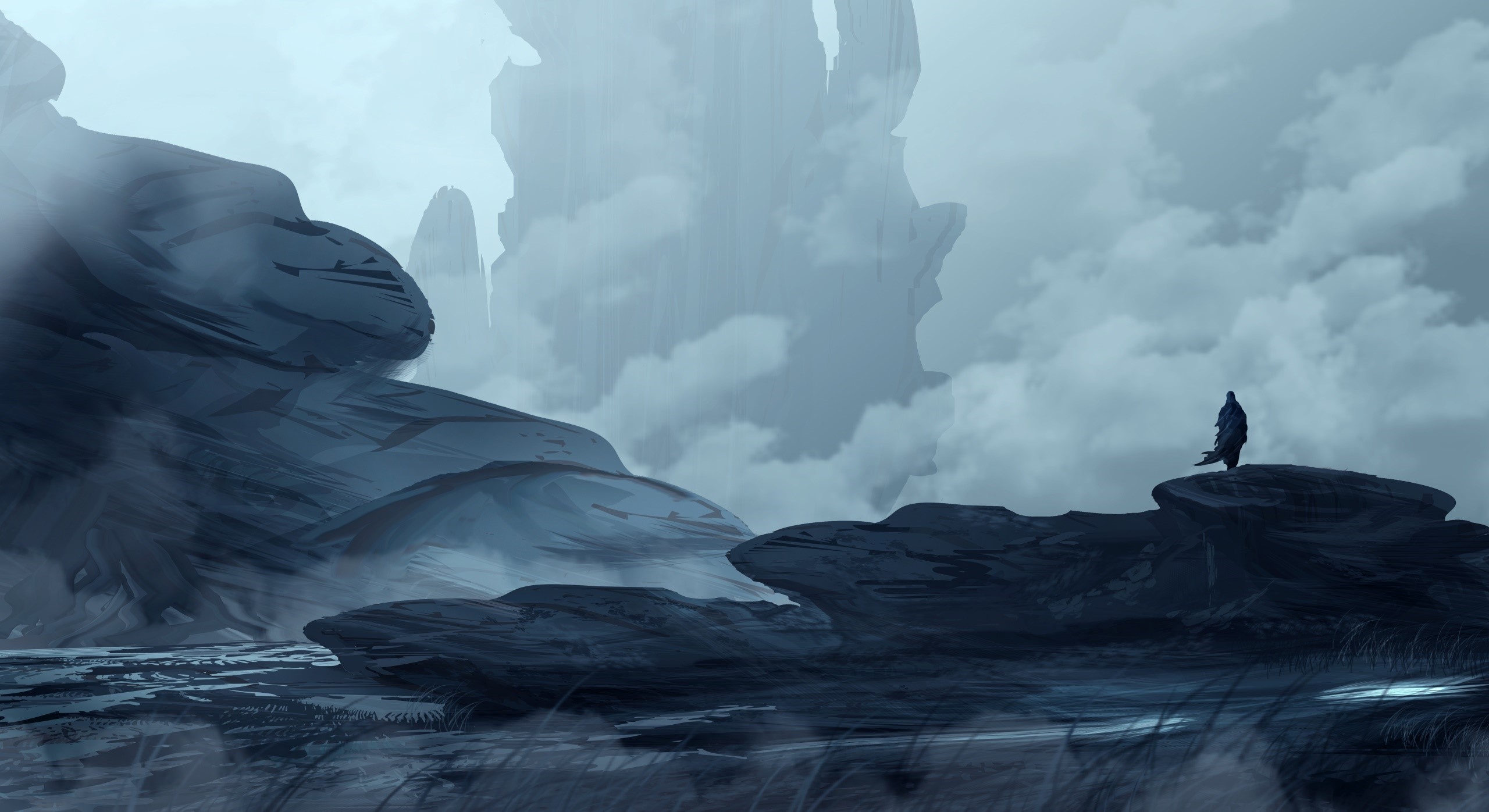 Monochrome fantasy landscape with a lone figure HD Wallpaper