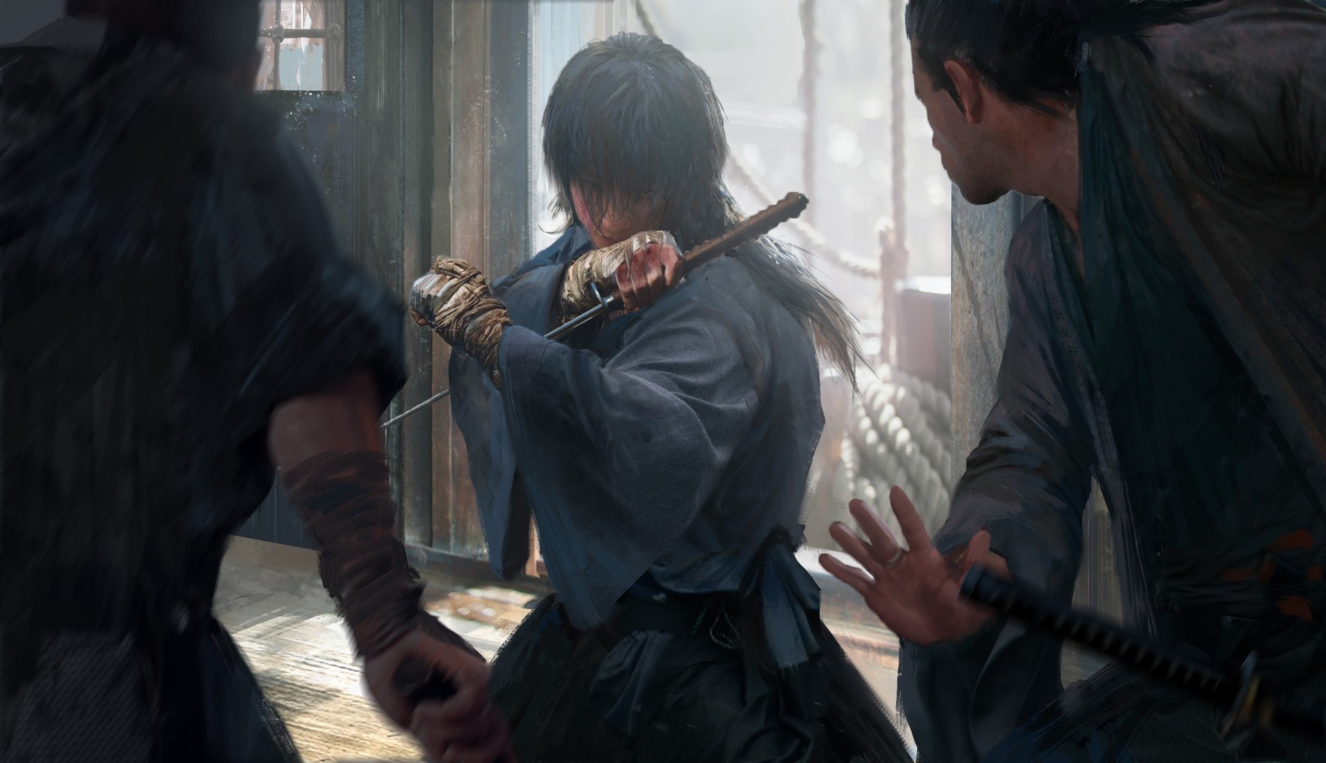 Samurai warrior in blue robes fighting with a sword HD Wallpaper