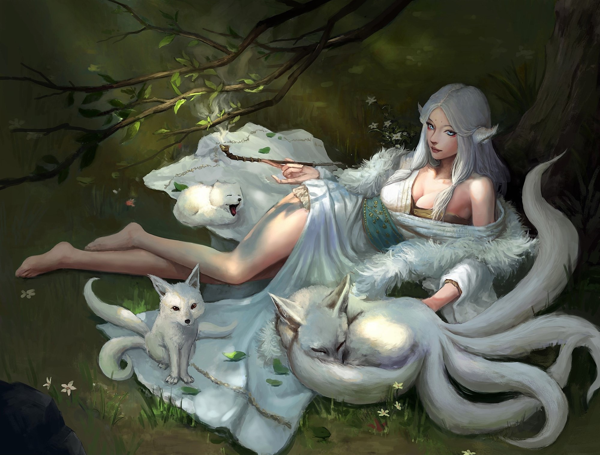 Fantasy fox girl with multiple tails and fox cubs in forest HD Wallpaper
