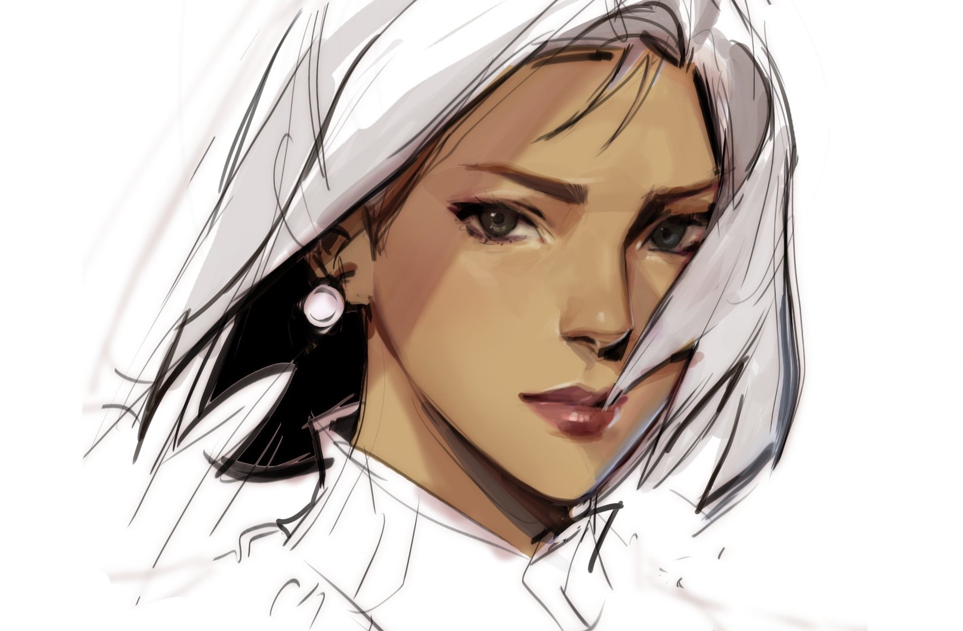 Anime girl with white hair and pearl earring HD Wallpaper