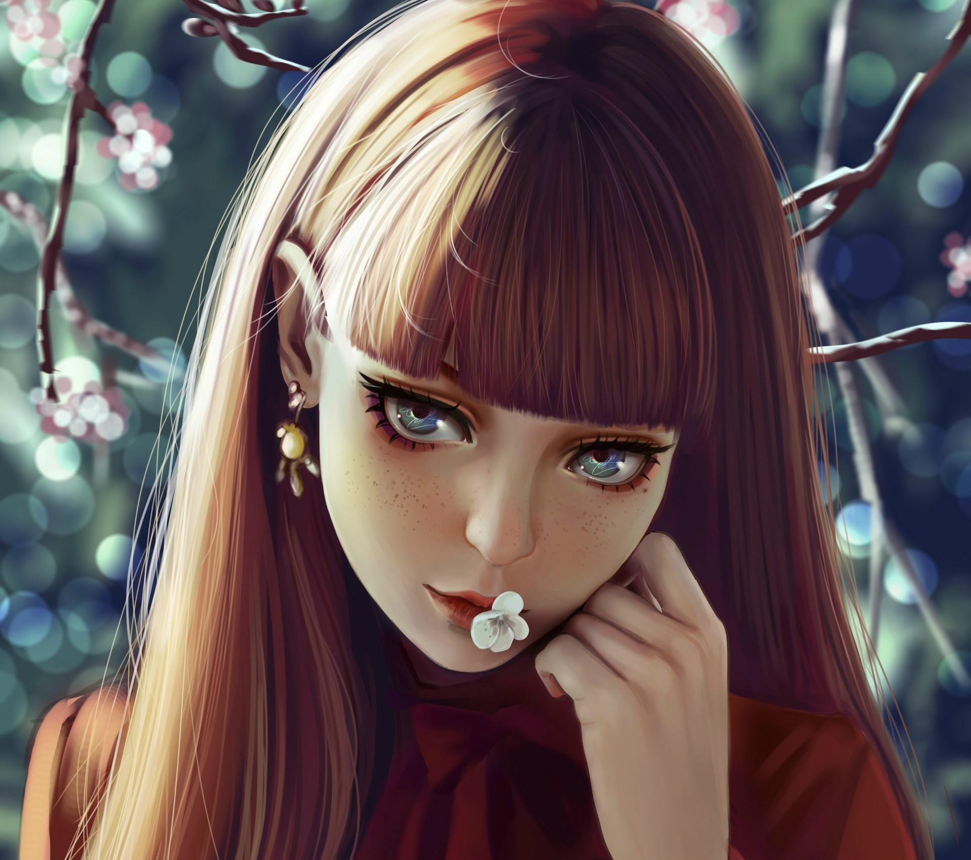 Anime girl with red hair and blue eyes holding a flower HD Wallpaper