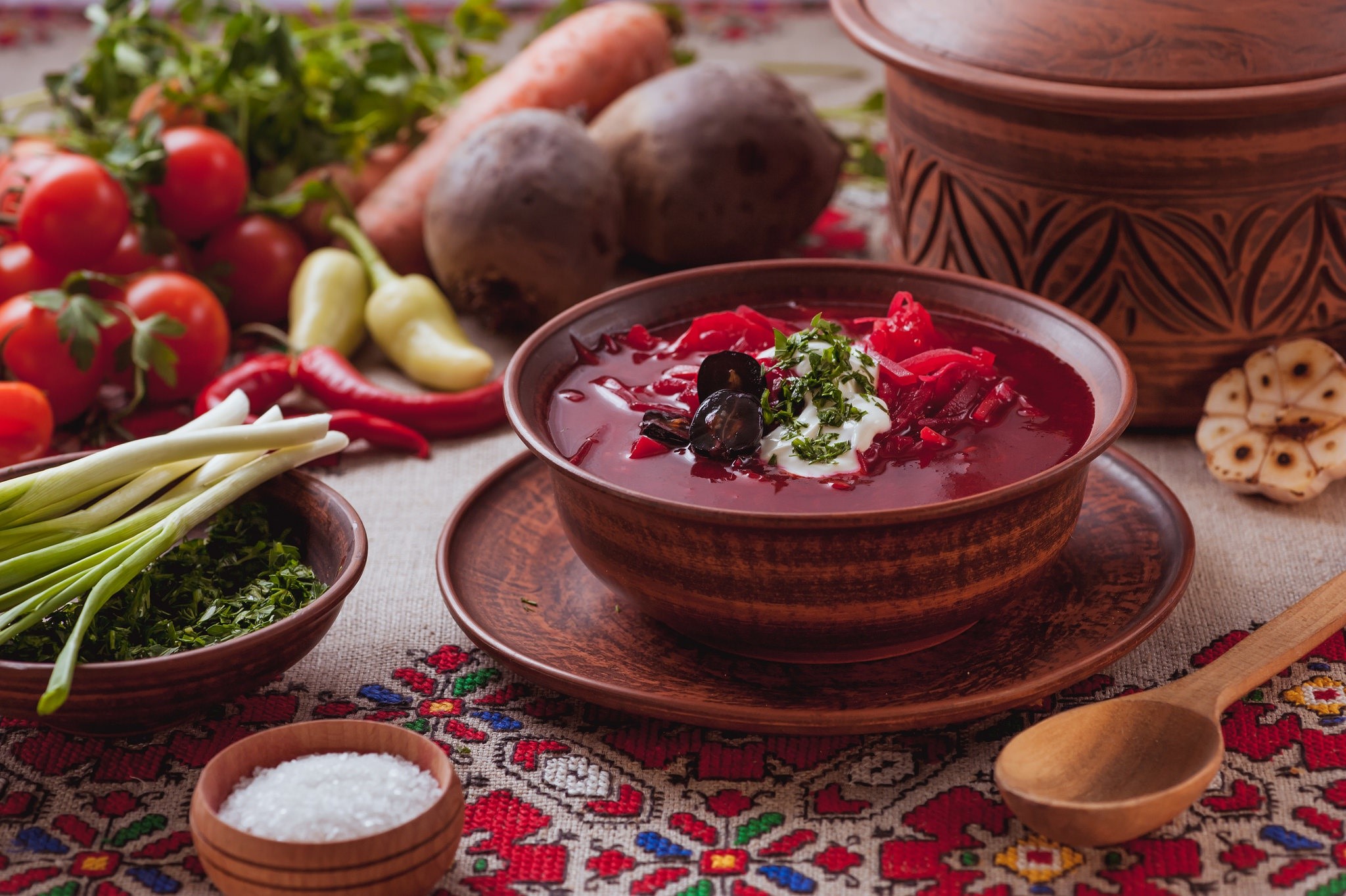 Borscht soup with vegetables and herbs HD Wallpaper