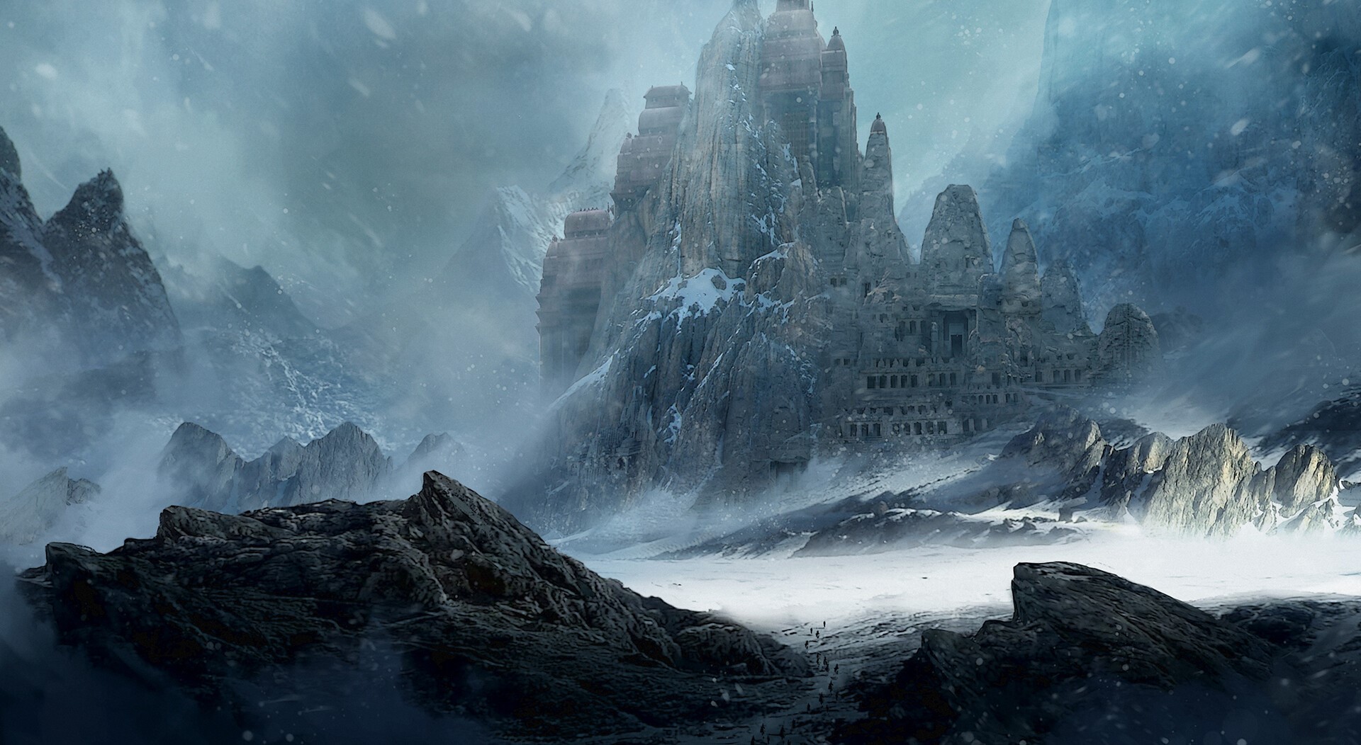 Fantasy artwork of a castle built into a snowy mountain HD Wallpaper