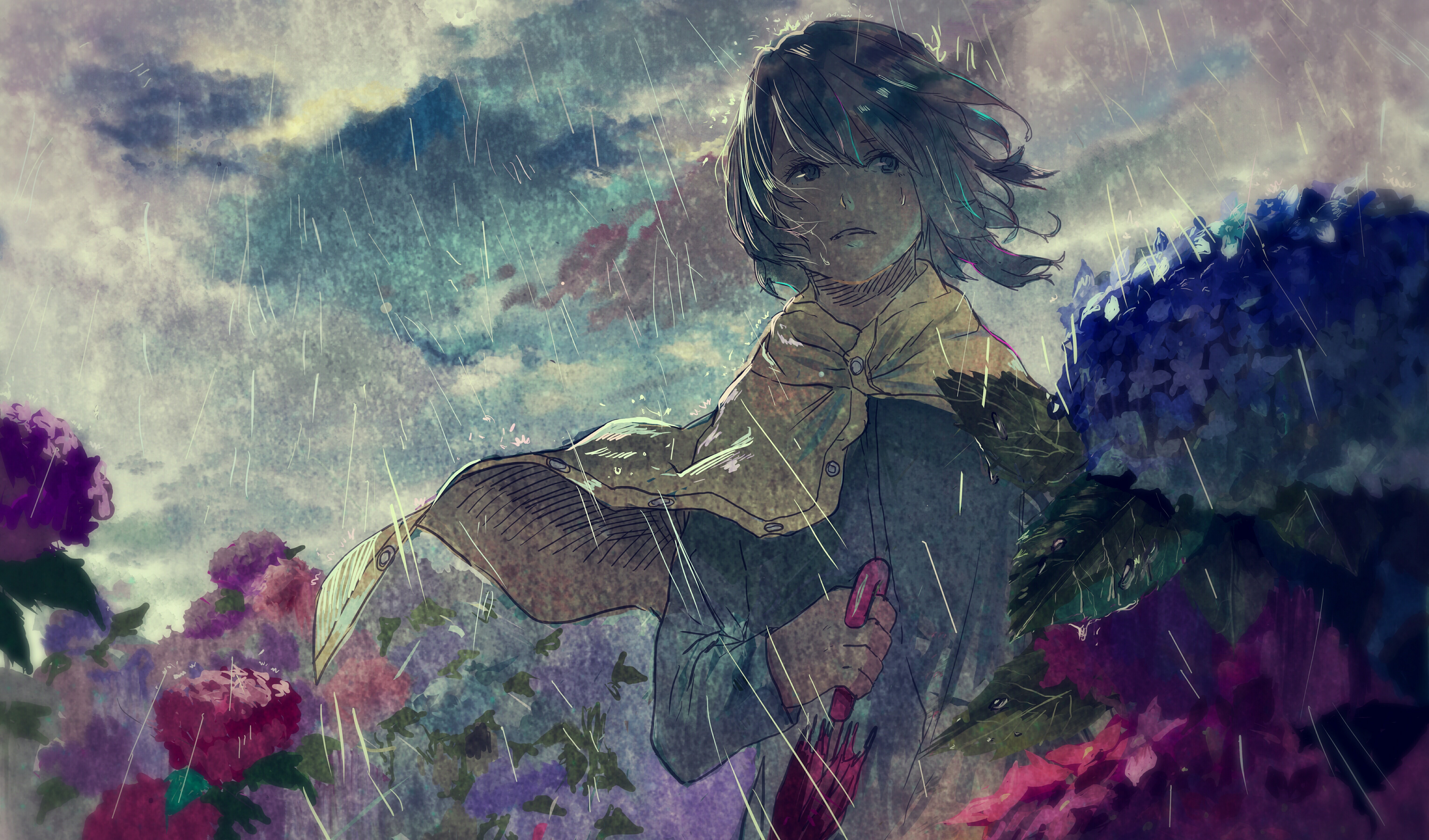 Anime girl in rain holding umbrella among flowers HD Wallpaper