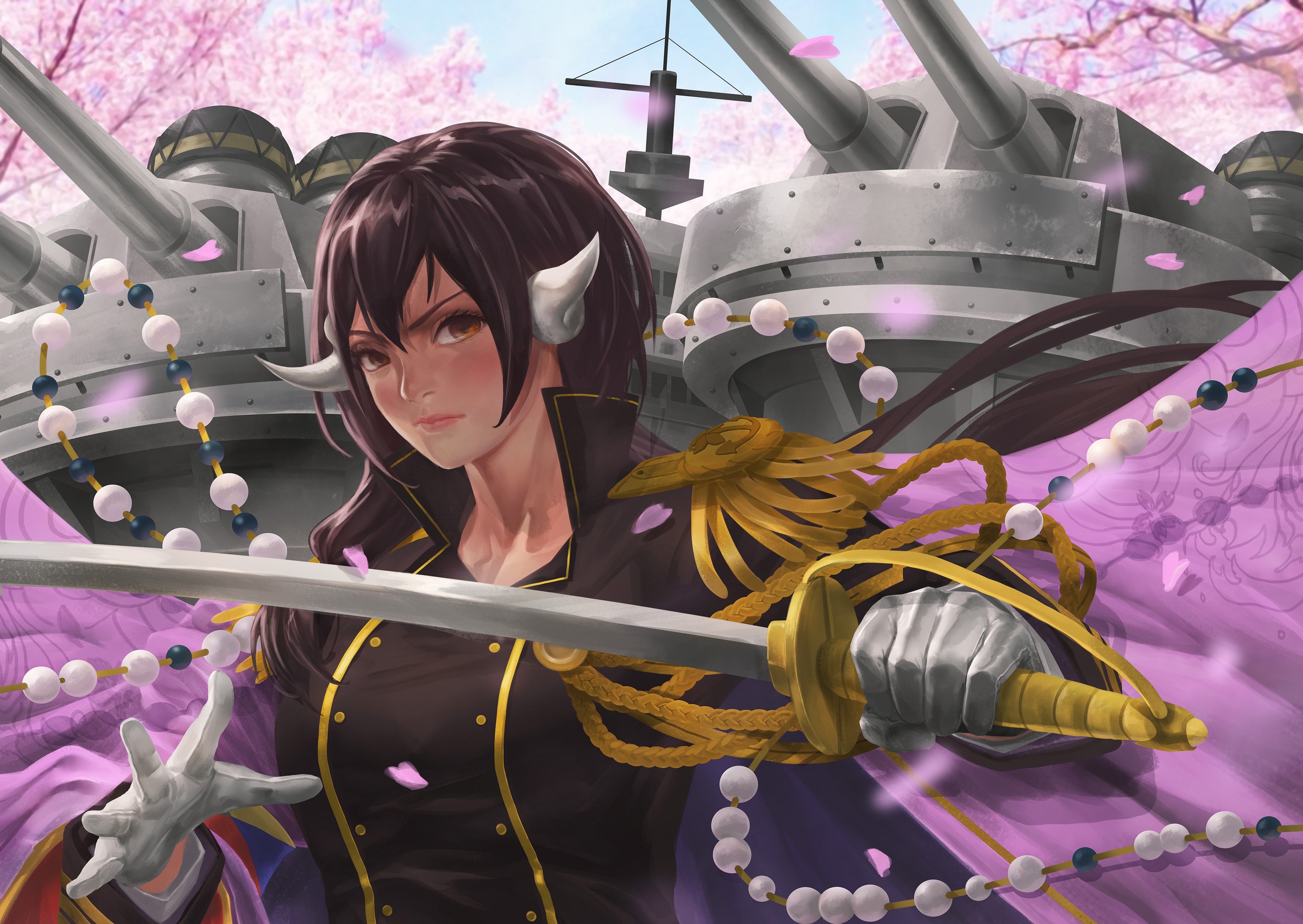 Mikasa from Azur Lane with sword and cannons HD Wallpaper