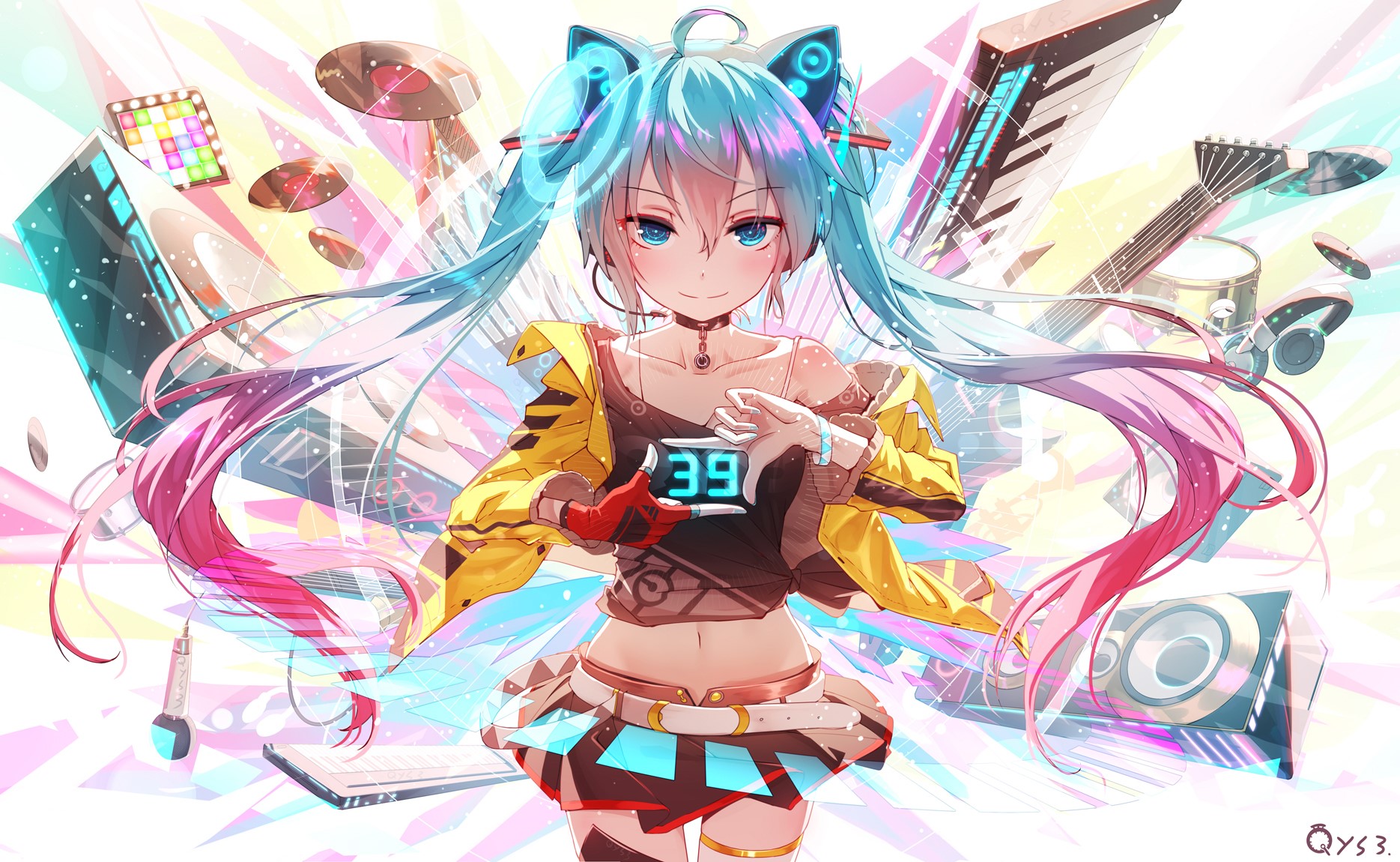 Hatsune Miku from Vocaloid with musical instruments HD Wallpaper