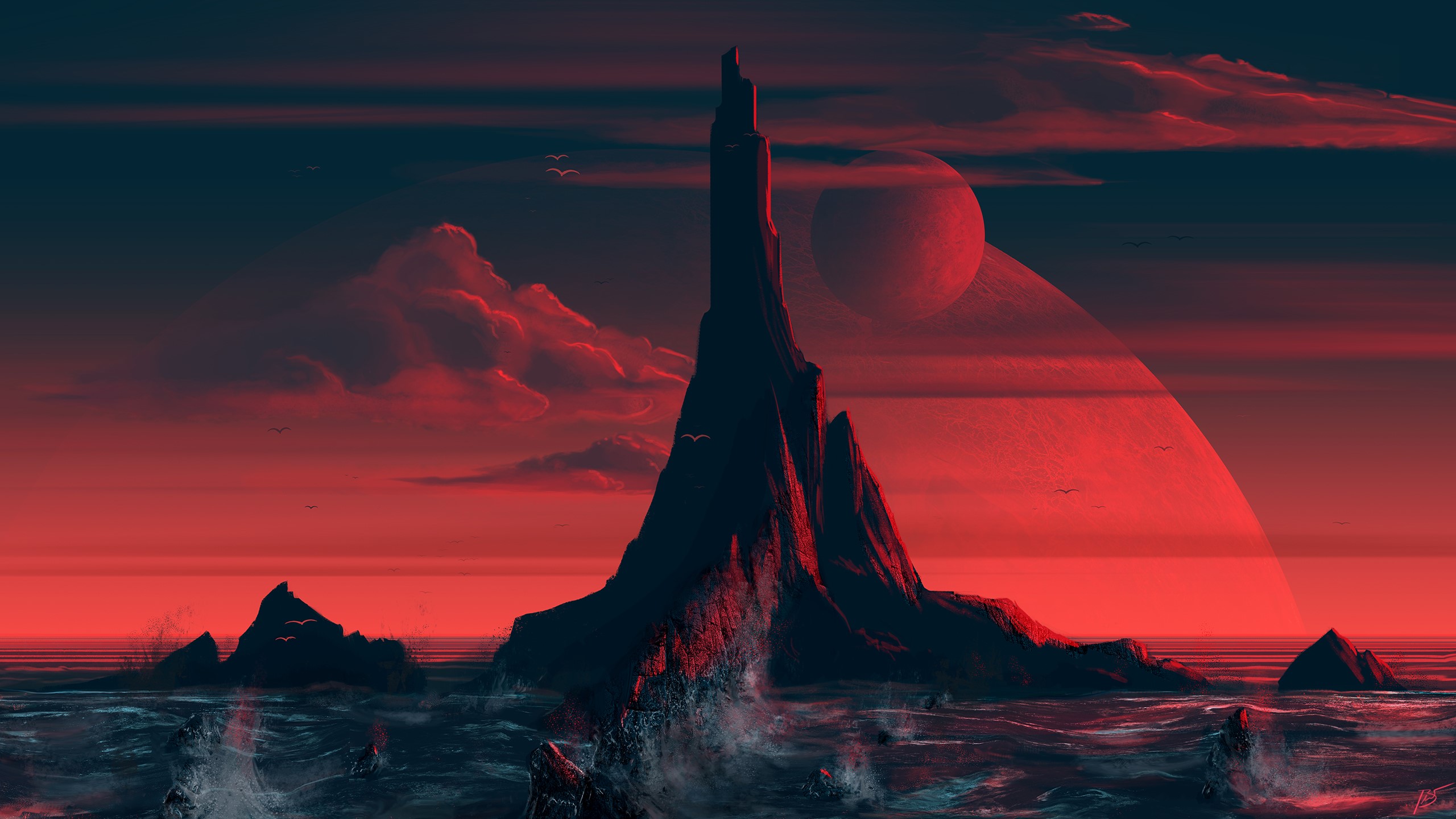 Digital art of a rocky island in a red sea under a dark sky HD Wallpaper