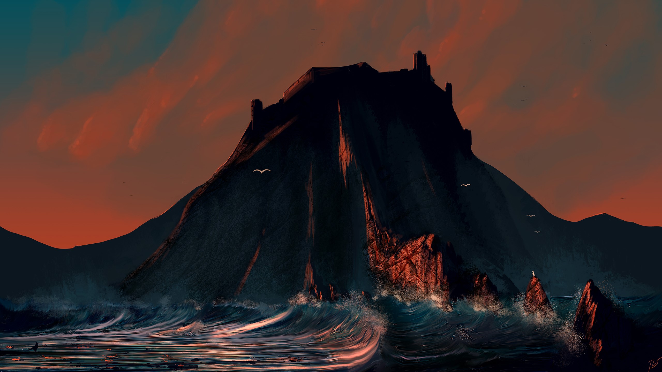 Castle on a rocky mountain with stormy waves and birds HD Wallpaper