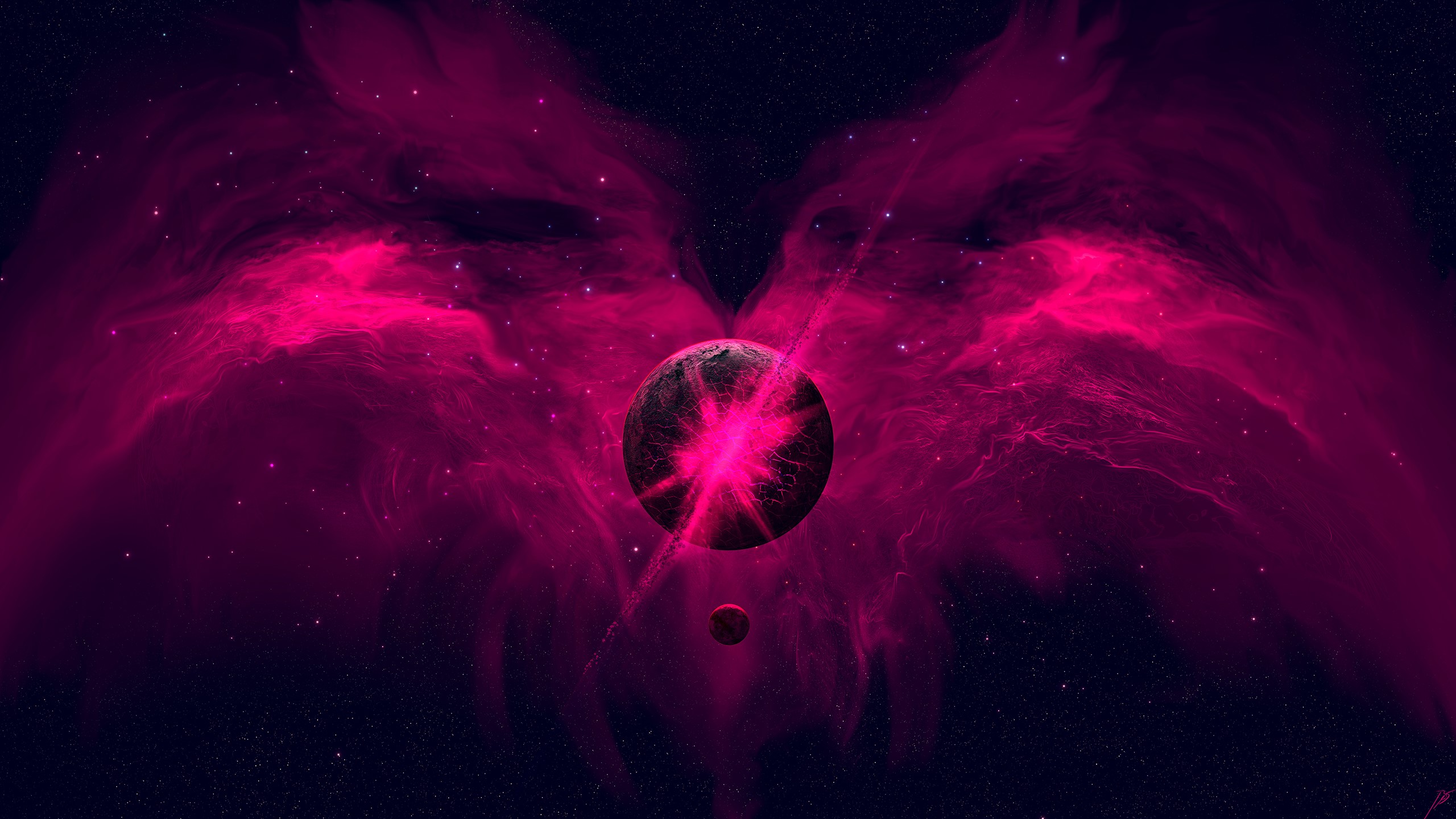 Planet with pink nebula and stars HD Wallpaper