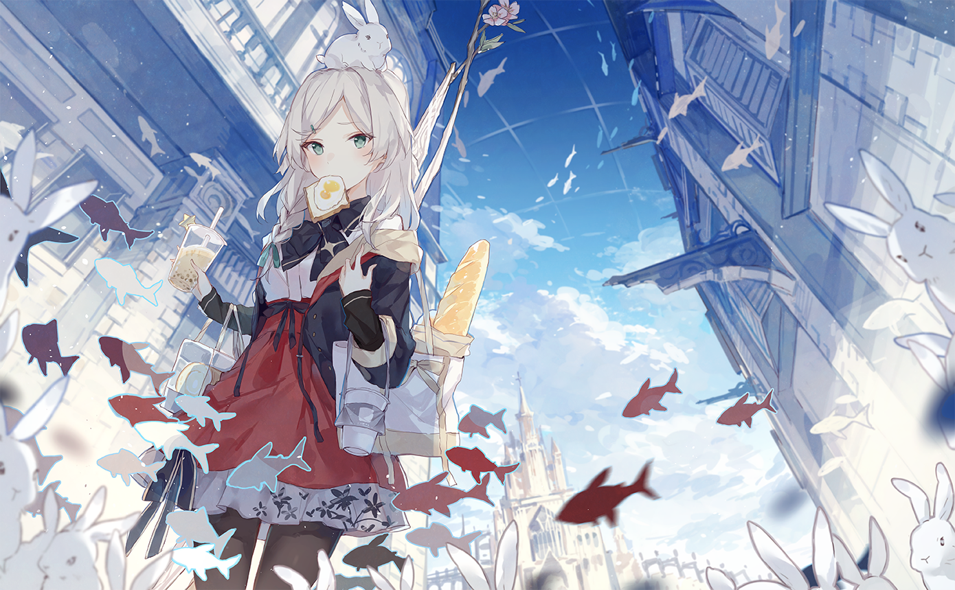 Anime girl with white hair and bunny ears holding food and drink HD Wallpaper