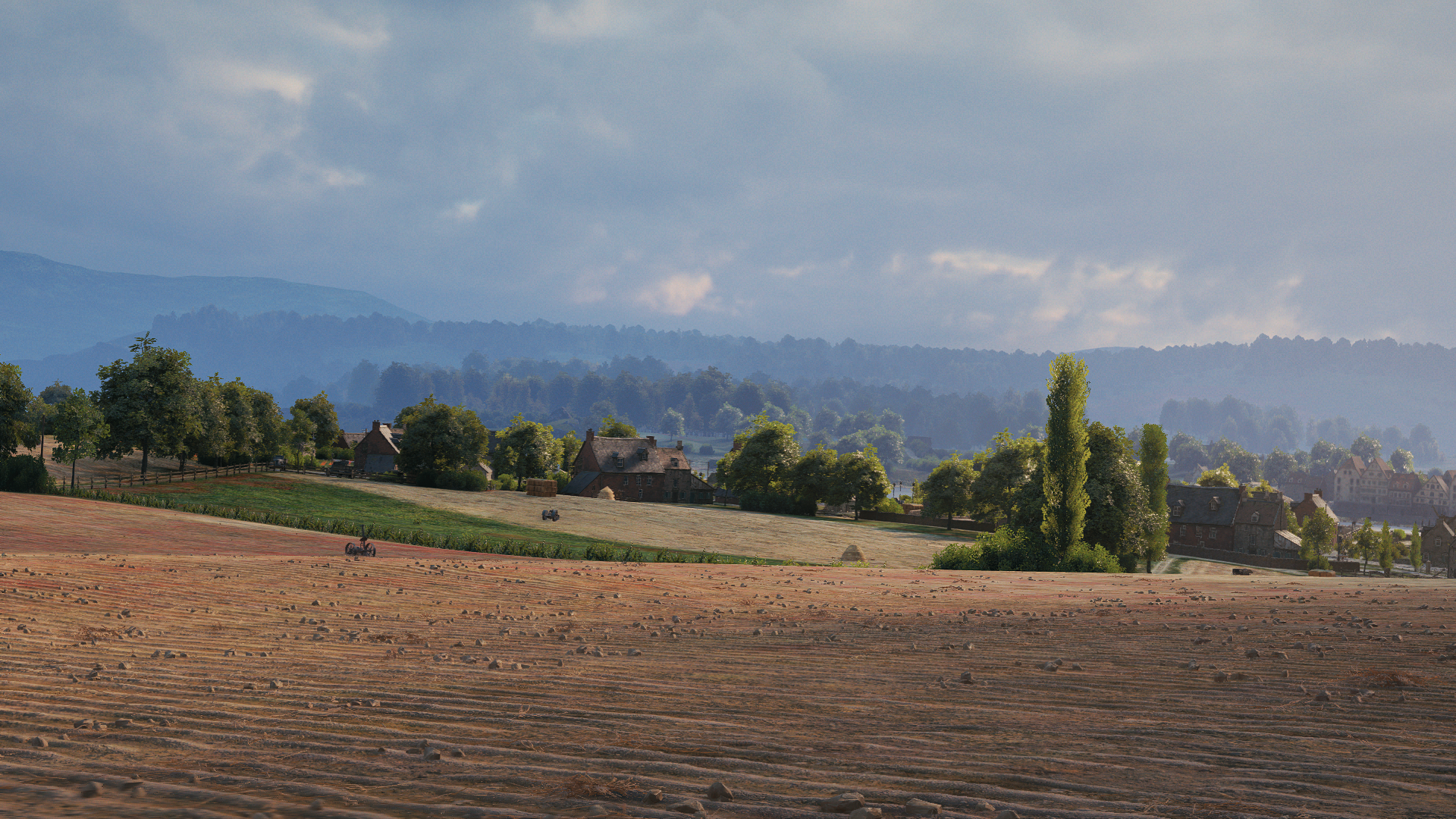 Rural landscape with fields and houses HD Wallpaper