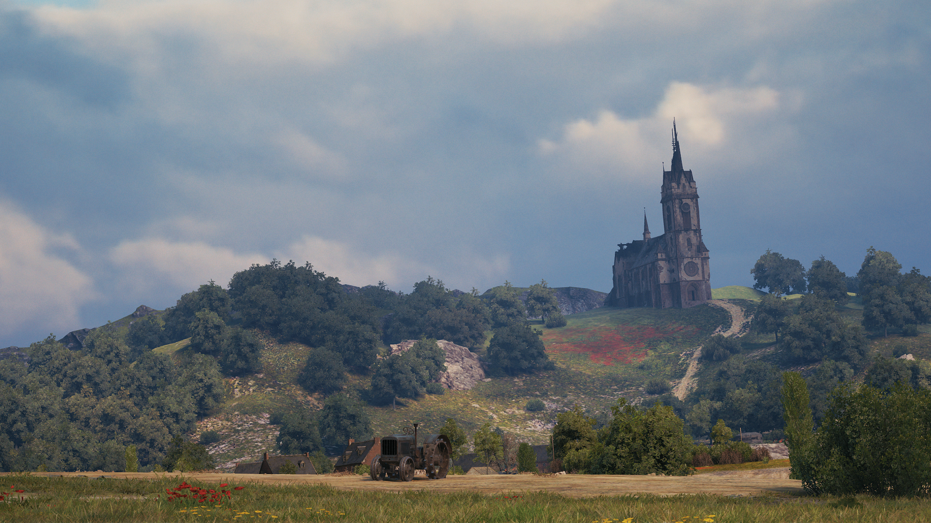 Church and tractor in World of Tanks landscape HD Wallpaper