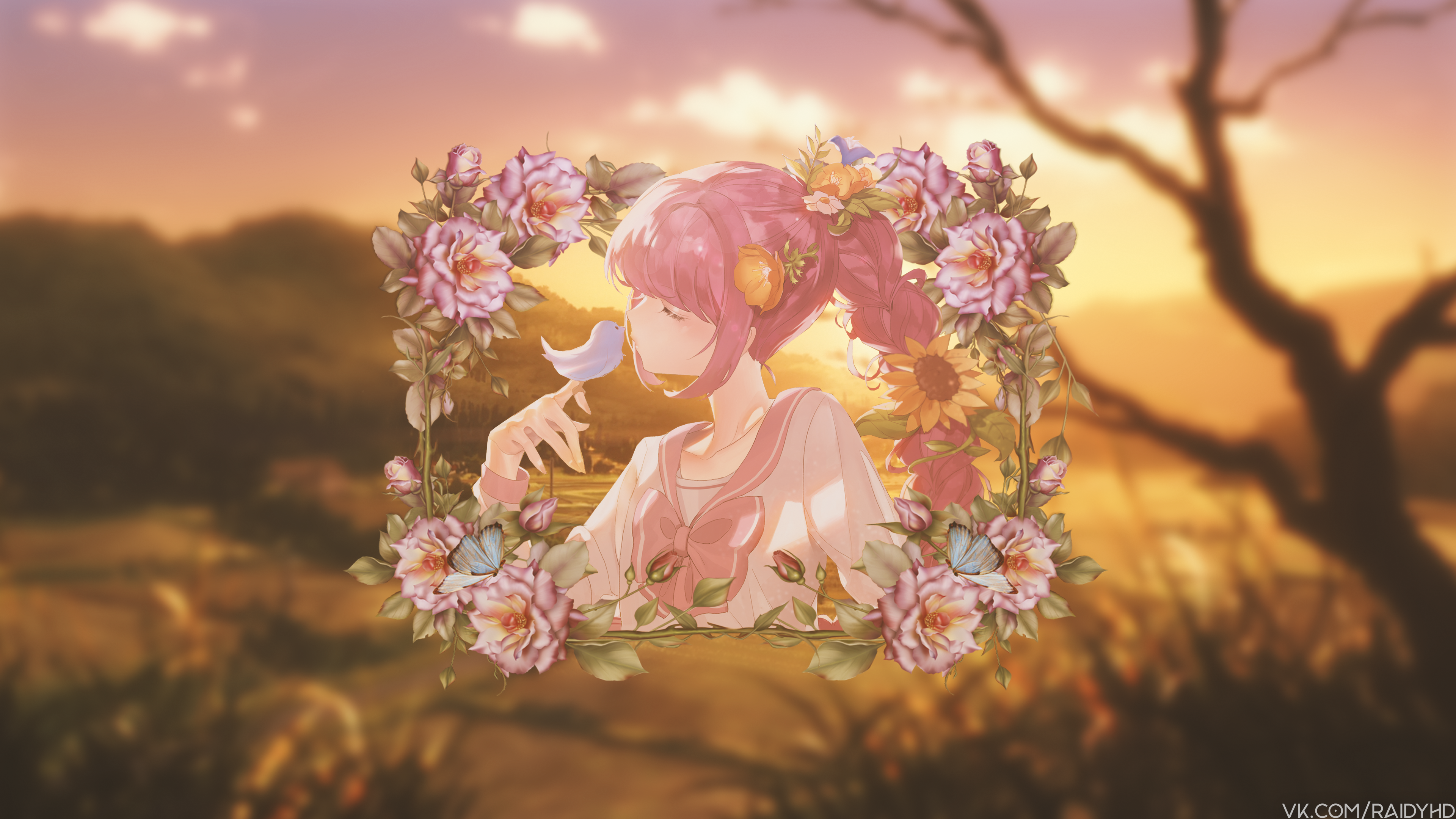 Anime girl with pink hair and flowers HD Wallpaper