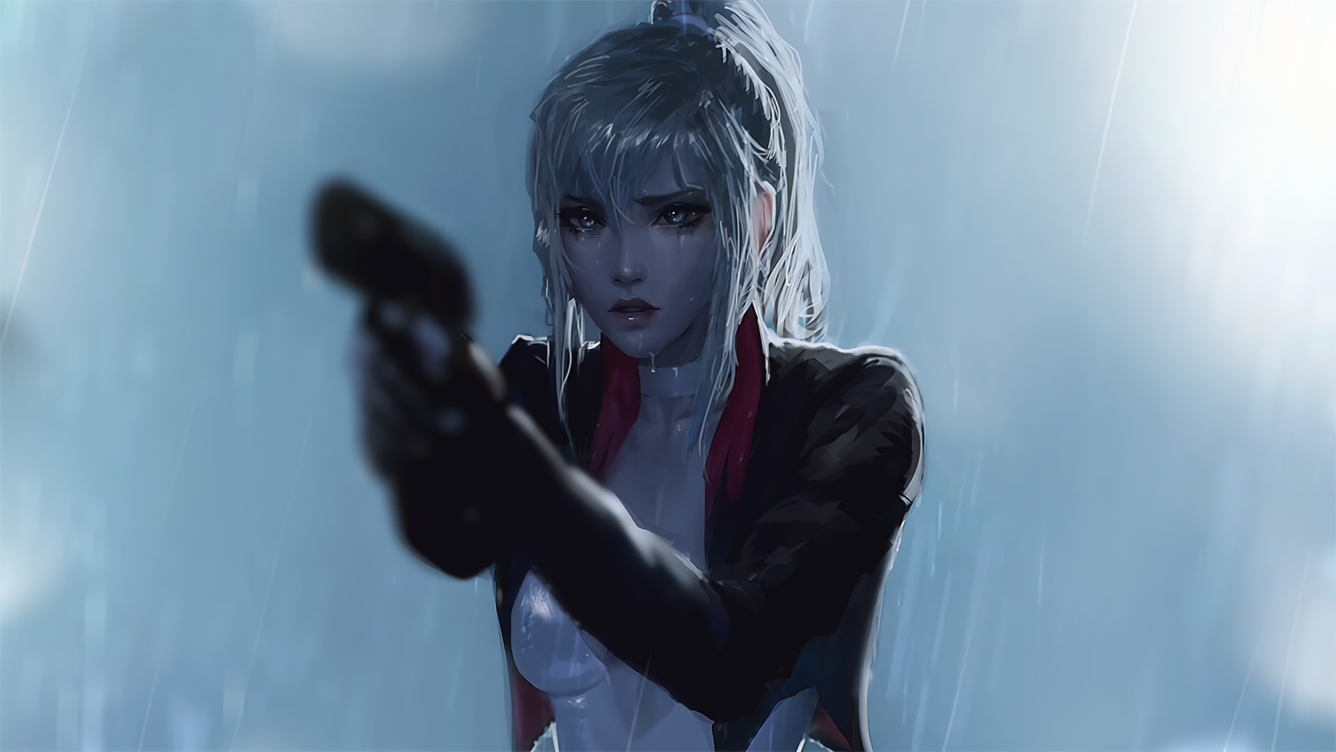 Woman with ponytail holding a pistol in the rain HD Wallpaper