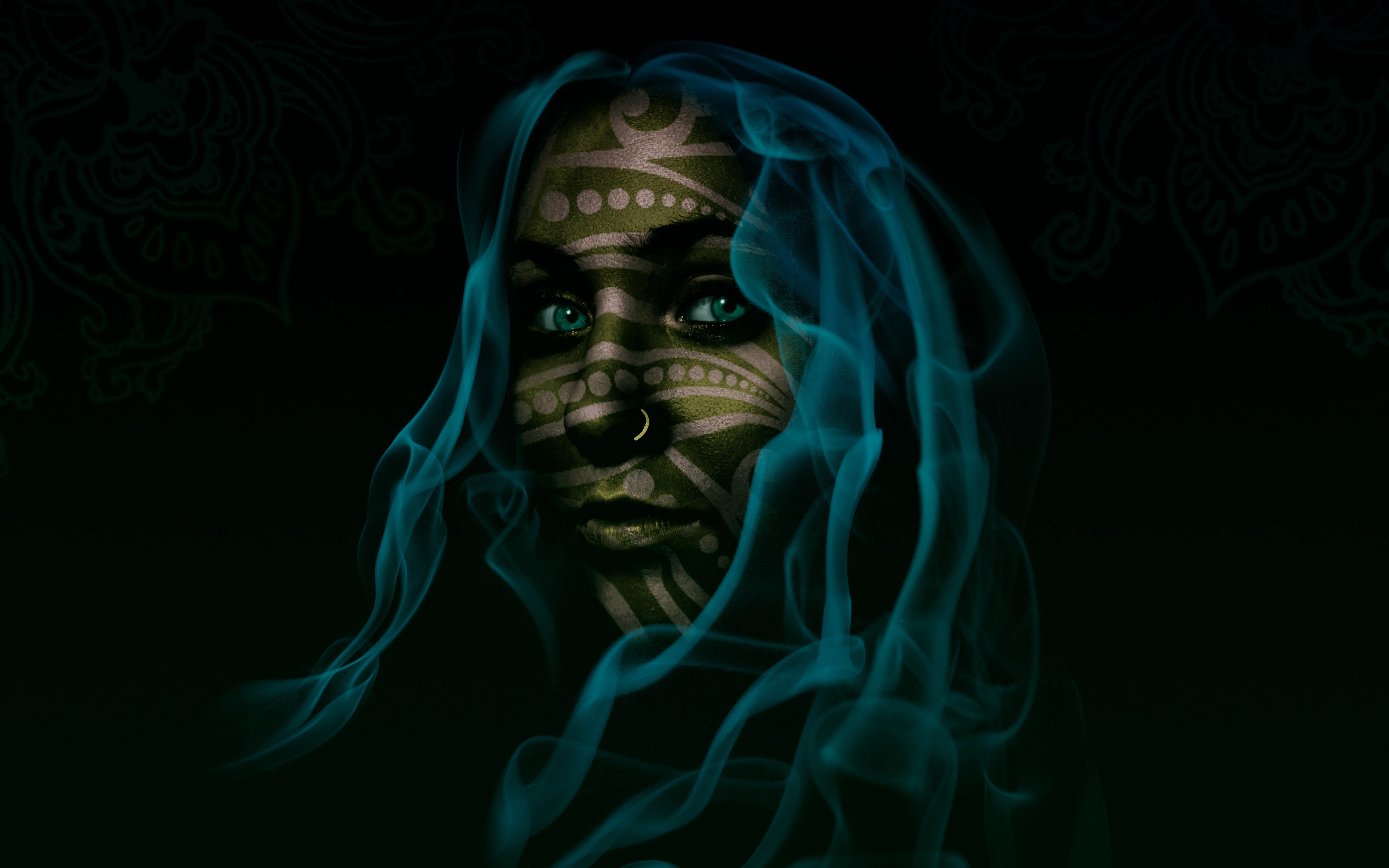 Woman with tribal face paint and blue smoke HD Wallpaper