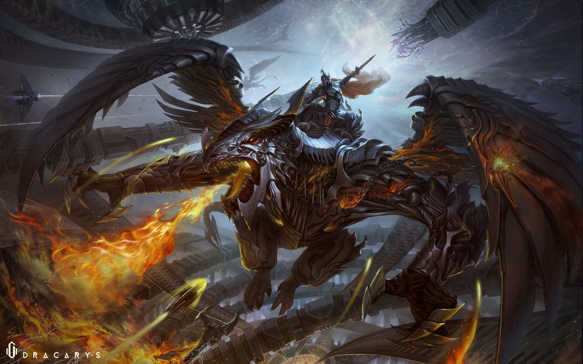 Dragon rider breathing fire in a futuristic city HD Wallpaper