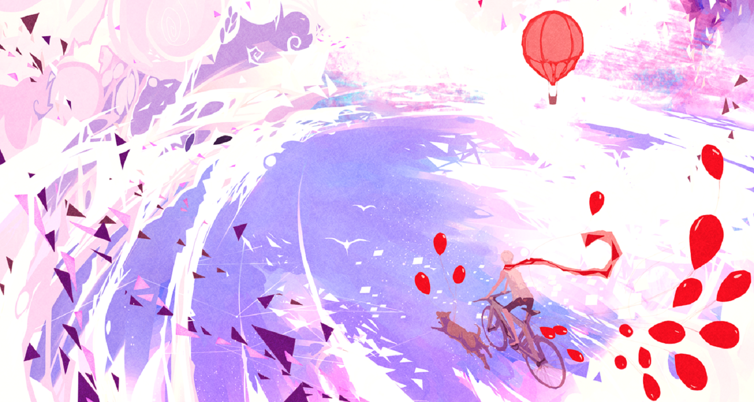 Person riding a bicycle with a dog and balloons HD Wallpaper
