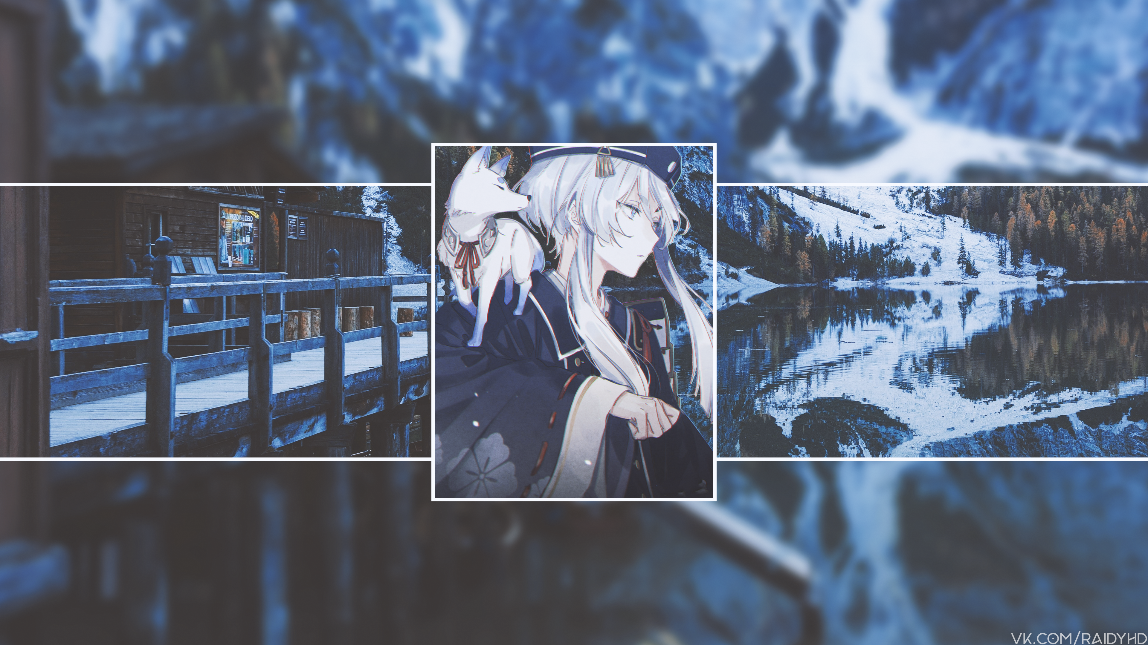 Anime girl with white fox on shoulder in winter landscape HD Wallpaper