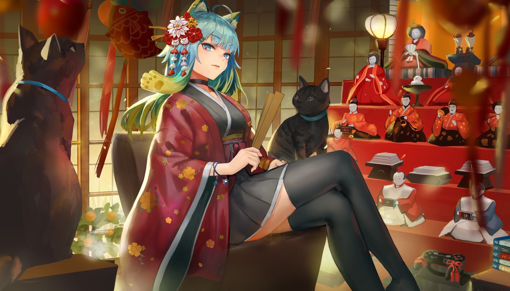 Anime girl with cat and Hina dolls HD Wallpaper