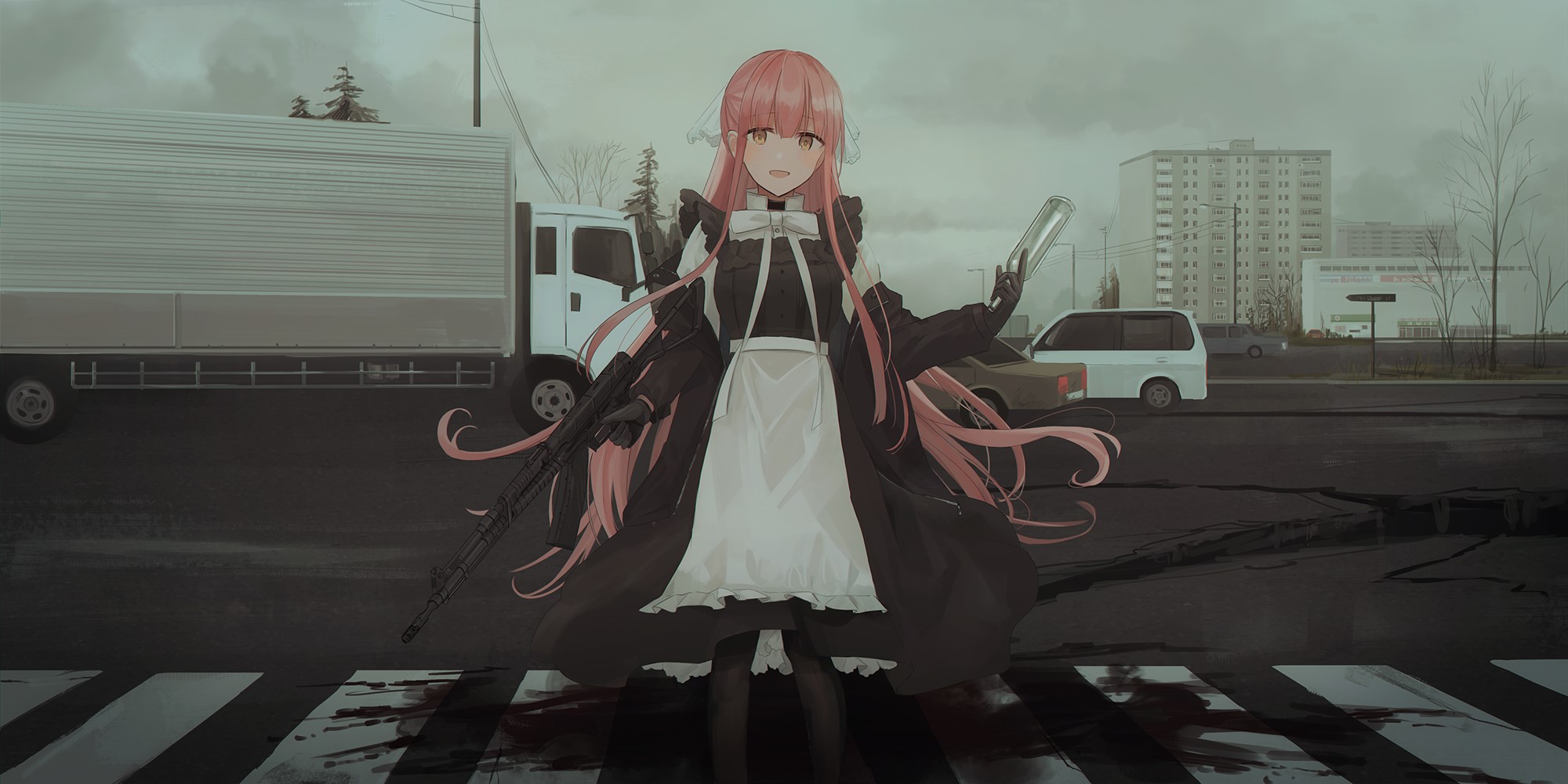 Anime girl with pink hair and maid outfit holding a rifle and bottle HD Wallpaper
