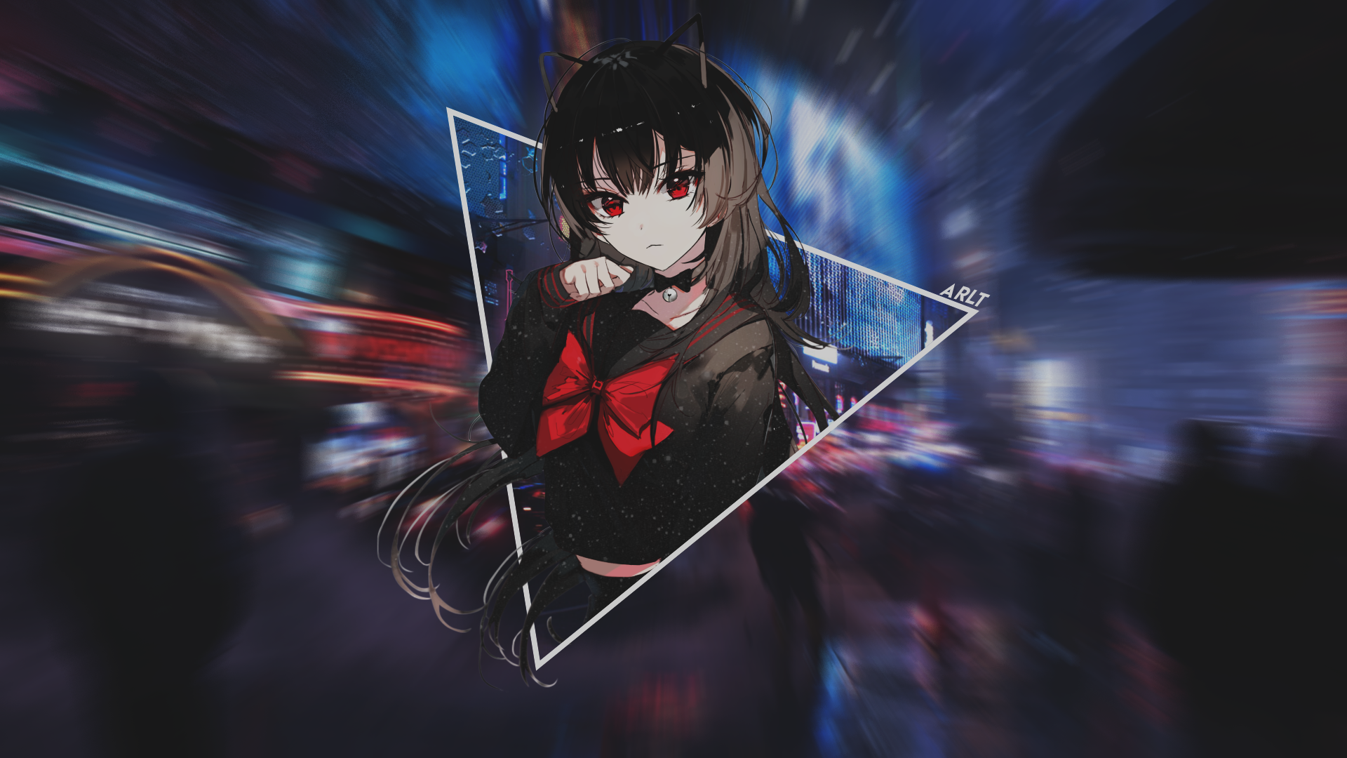 Anime cat girl with red bow in a city at night HD Wallpaper