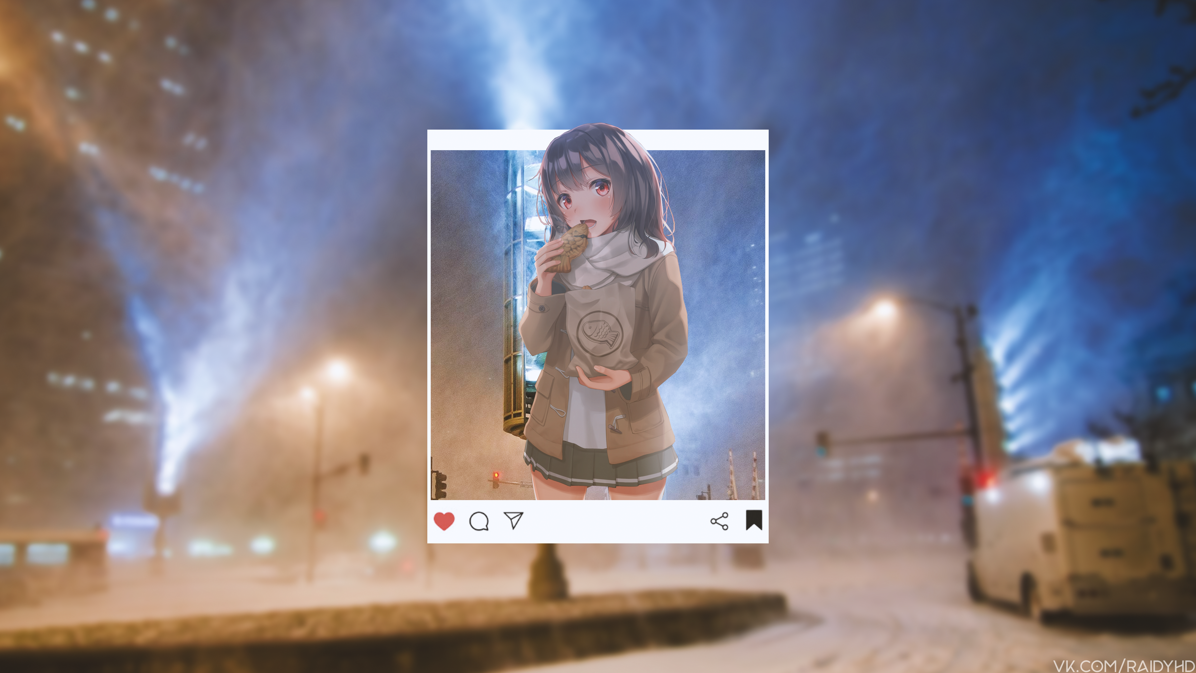 Anime girl eating taiyaki in a snowy city HD Wallpaper