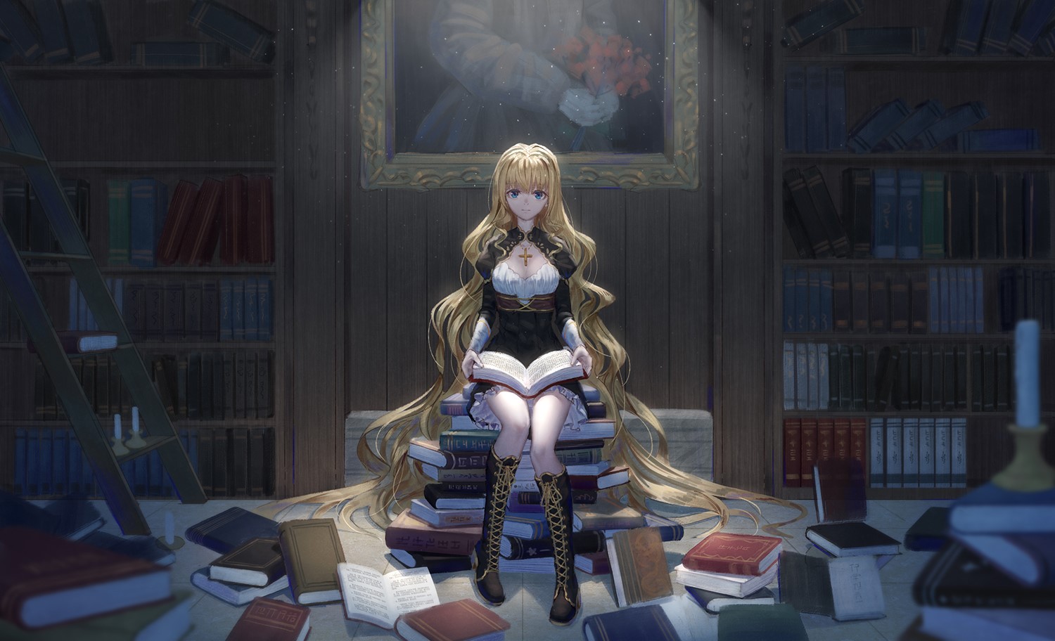 Anime girl with blonde hair reading a book in a library HD Wallpaper