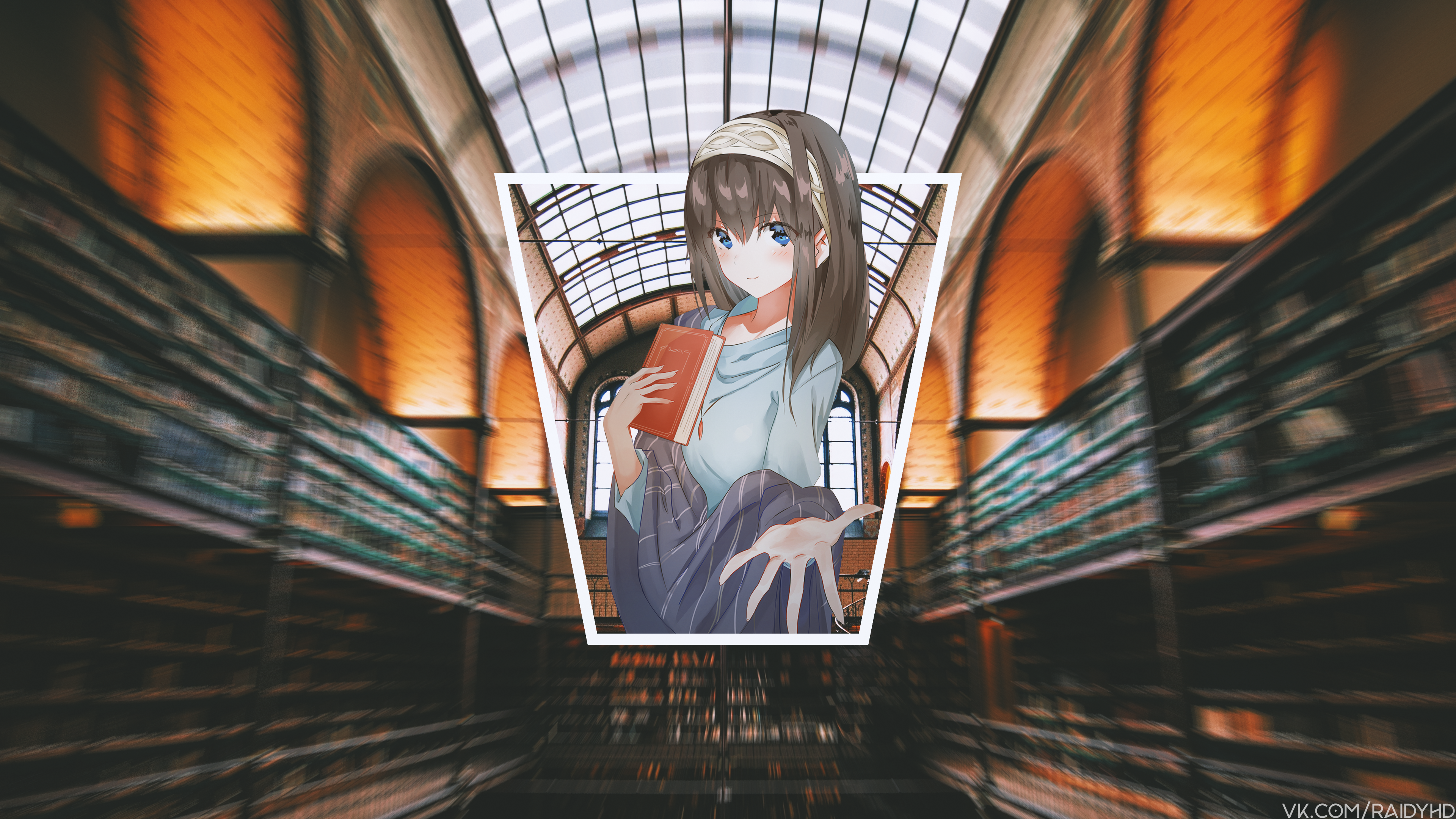 Anime girl with book in library HD Wallpaper