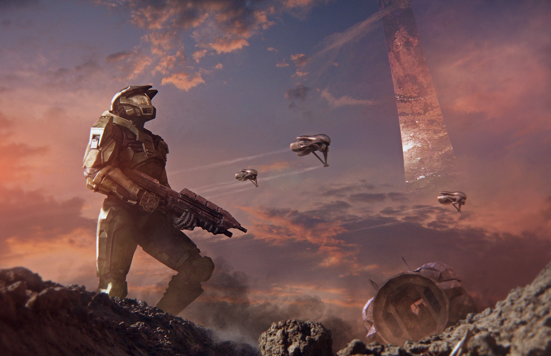 Master Chief from Halo with Covenant vehicles and Halo ring HD Wallpaper
