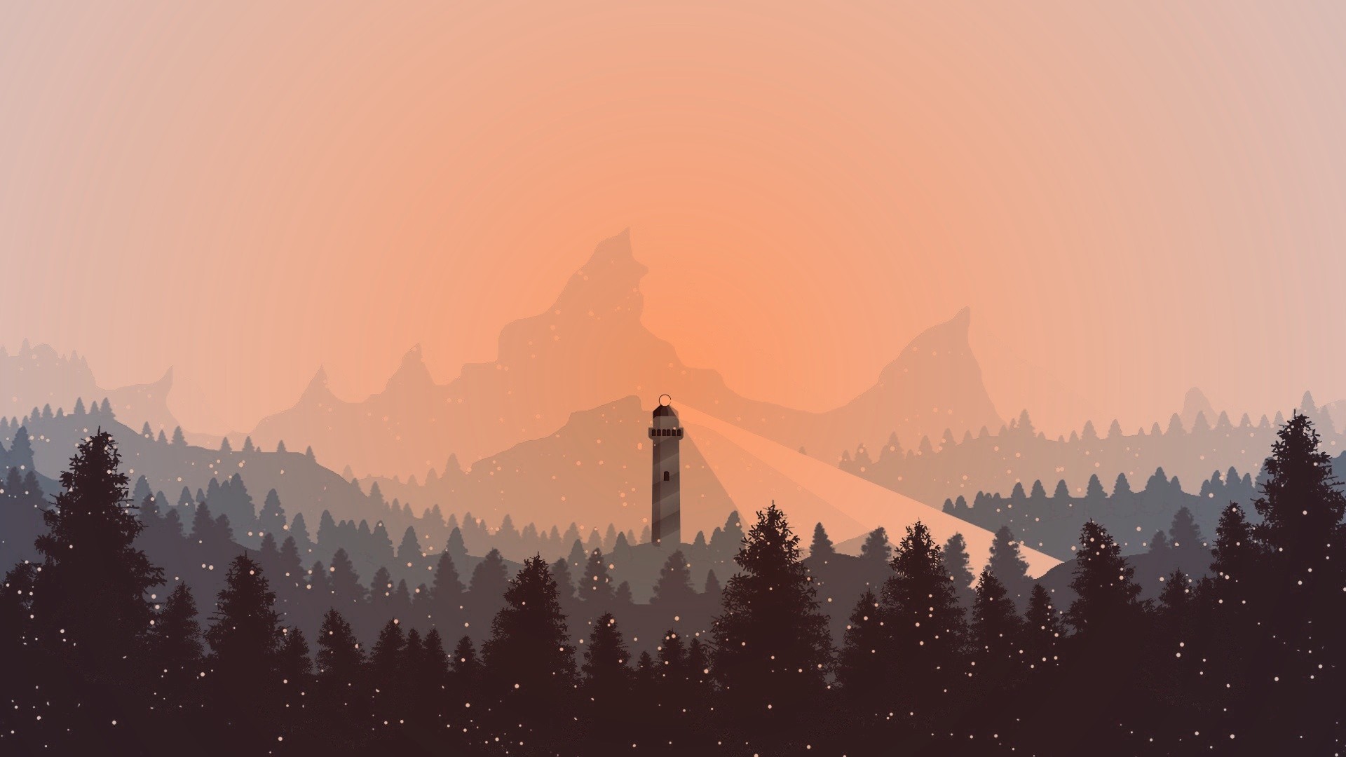 Digital art of a lighthouse in a misty forest at sunset HD Wallpaper