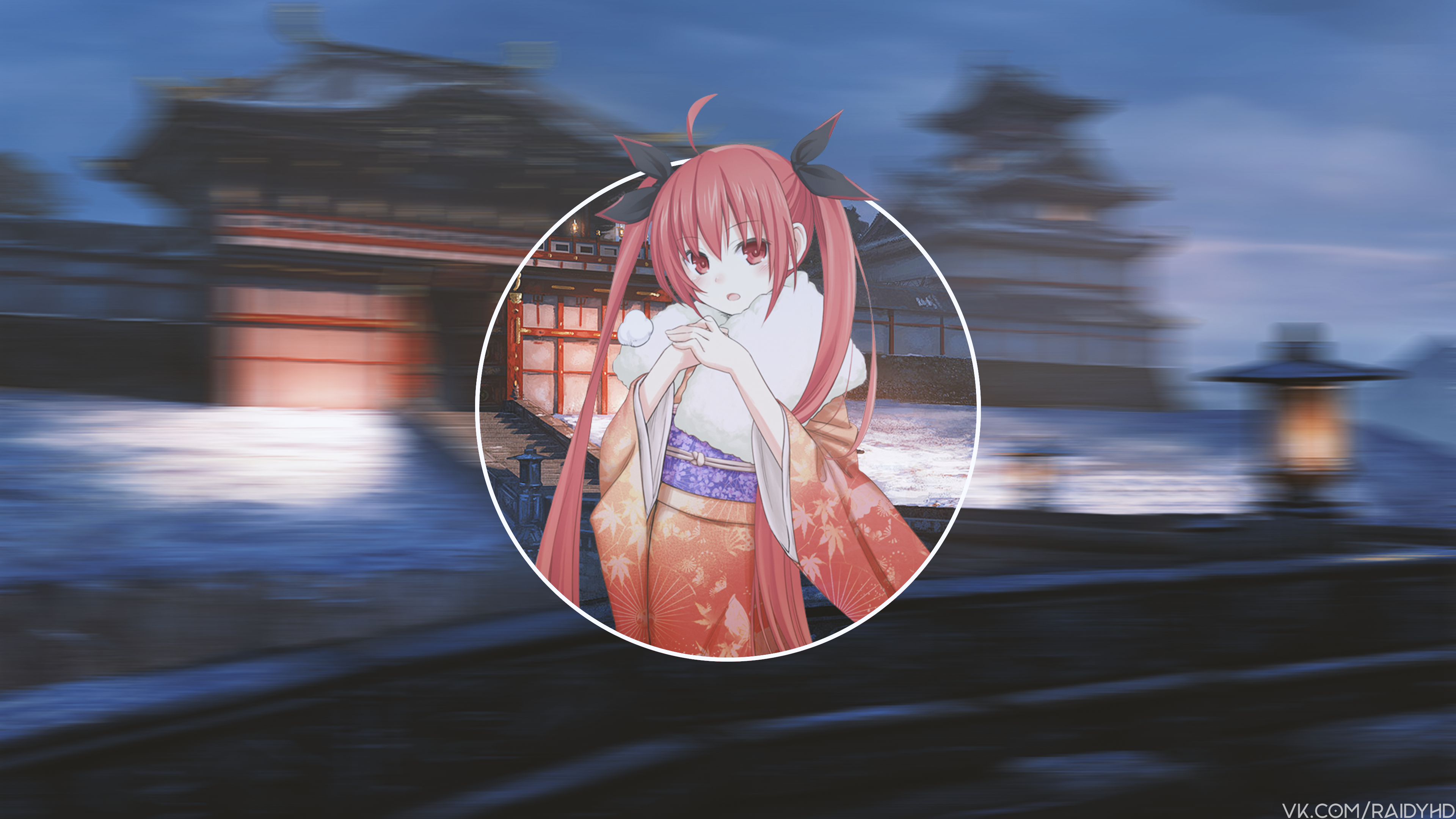 Anime girl in kimono with fur collar HD Wallpaper