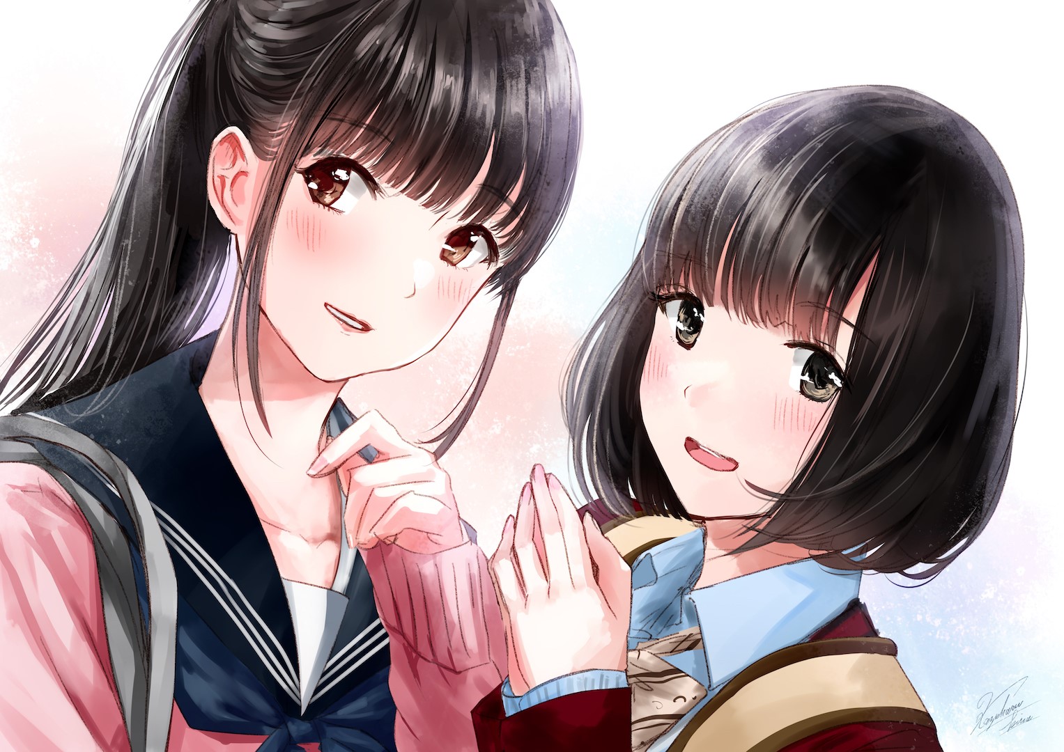 Two anime girls in school uniforms HD Wallpaper