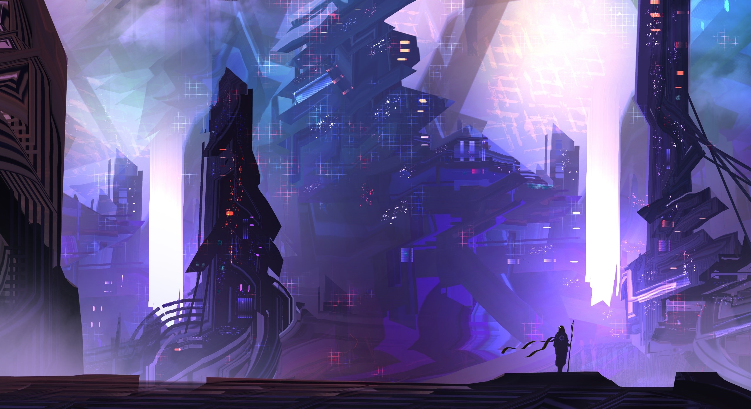 Futuristic city with glowing towers and a lone figure HD Wallpaper