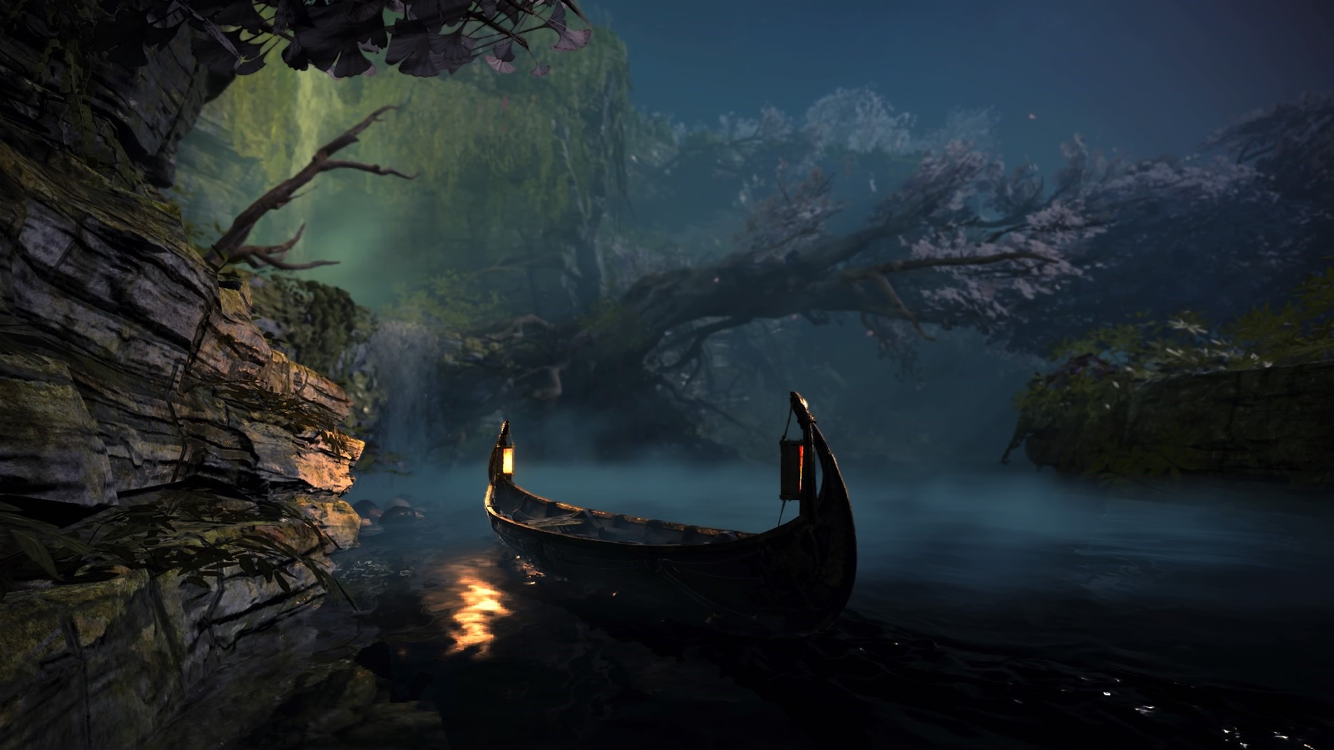 Boat with lanterns in a misty forest HD Wallpaper