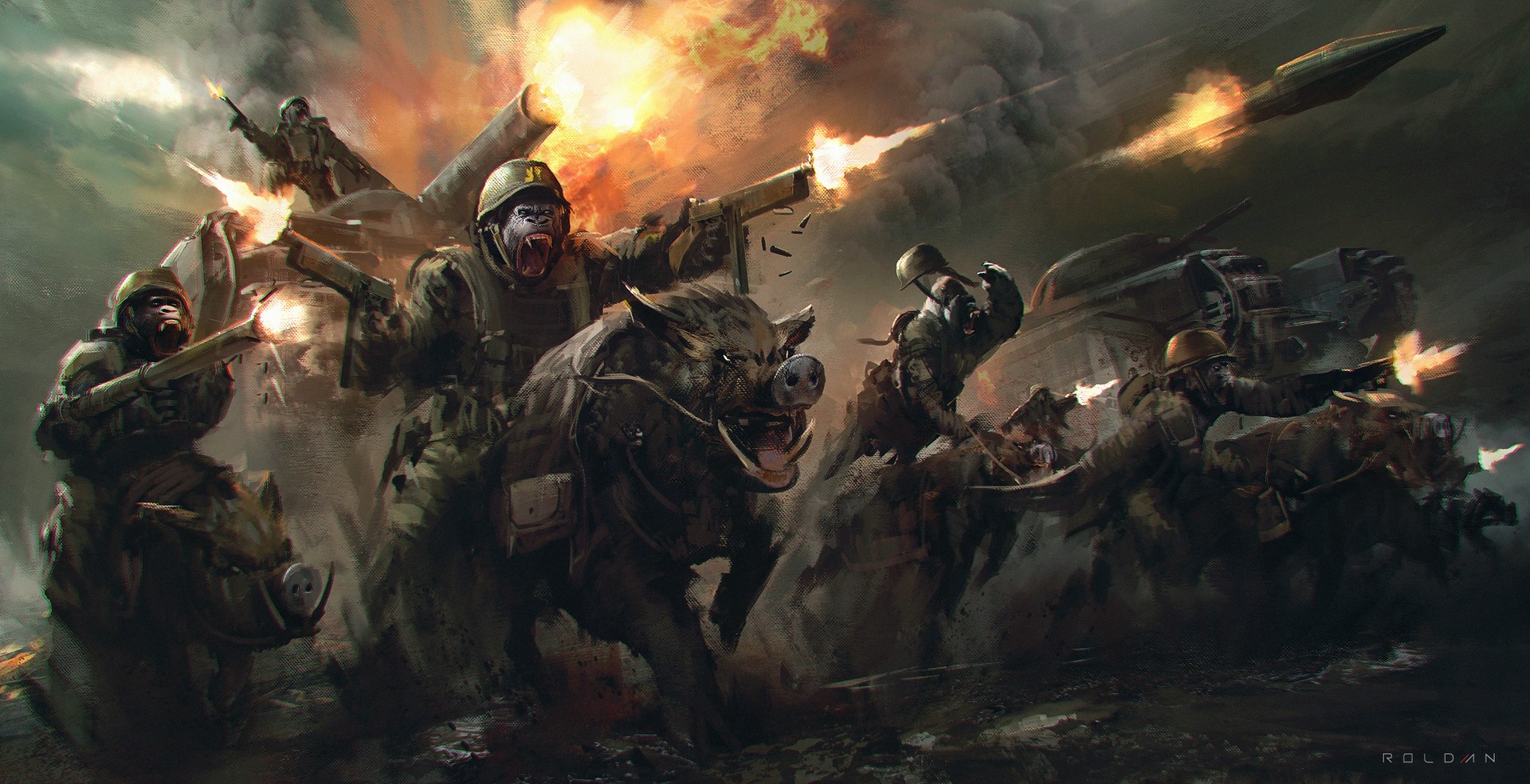 Gorillas riding boars in a futuristic war illustration by Juan Pablo Roldan HD Wallpaper