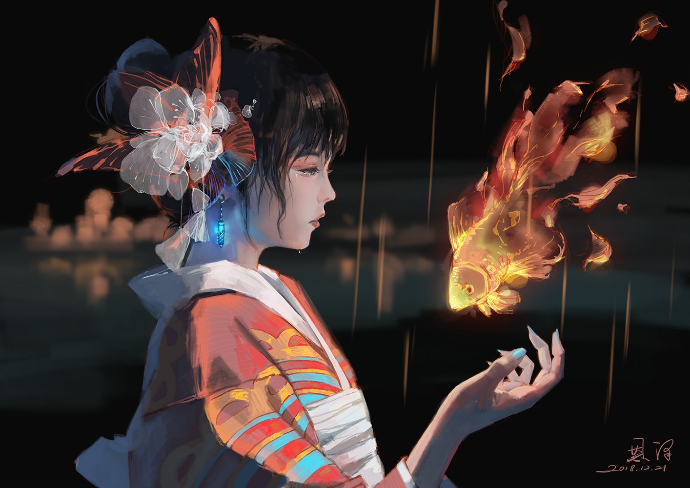 Girl in Kimono with Fiery Koi HD Wallpaper