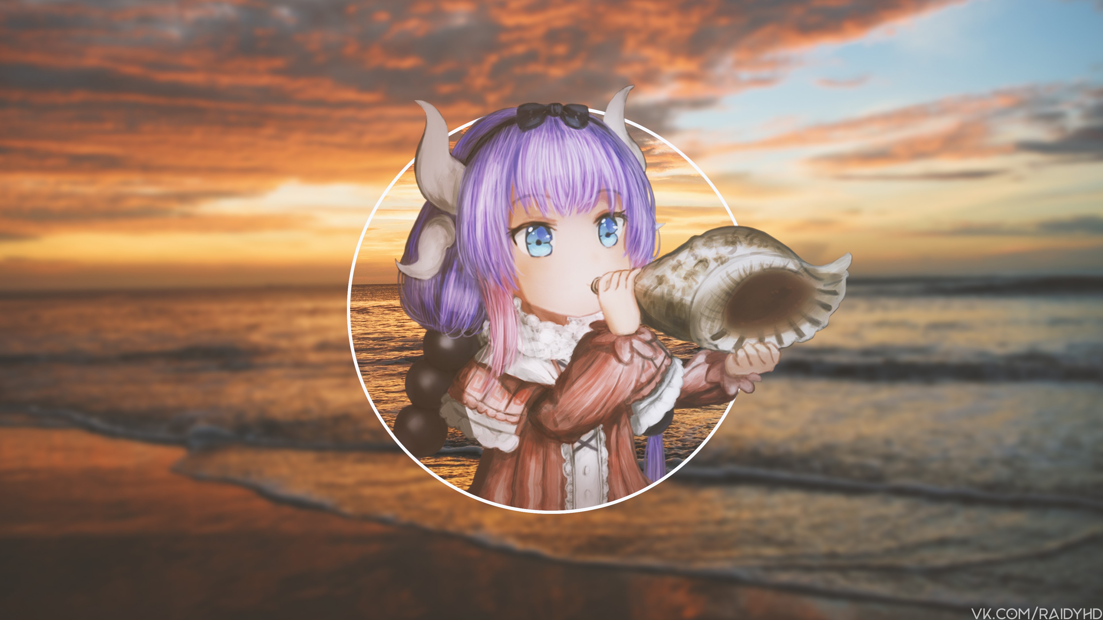 4K Kanna Kamui from Kobayashi-san Chi no Maid Dragon blowing a conch shell HD Wallpaper