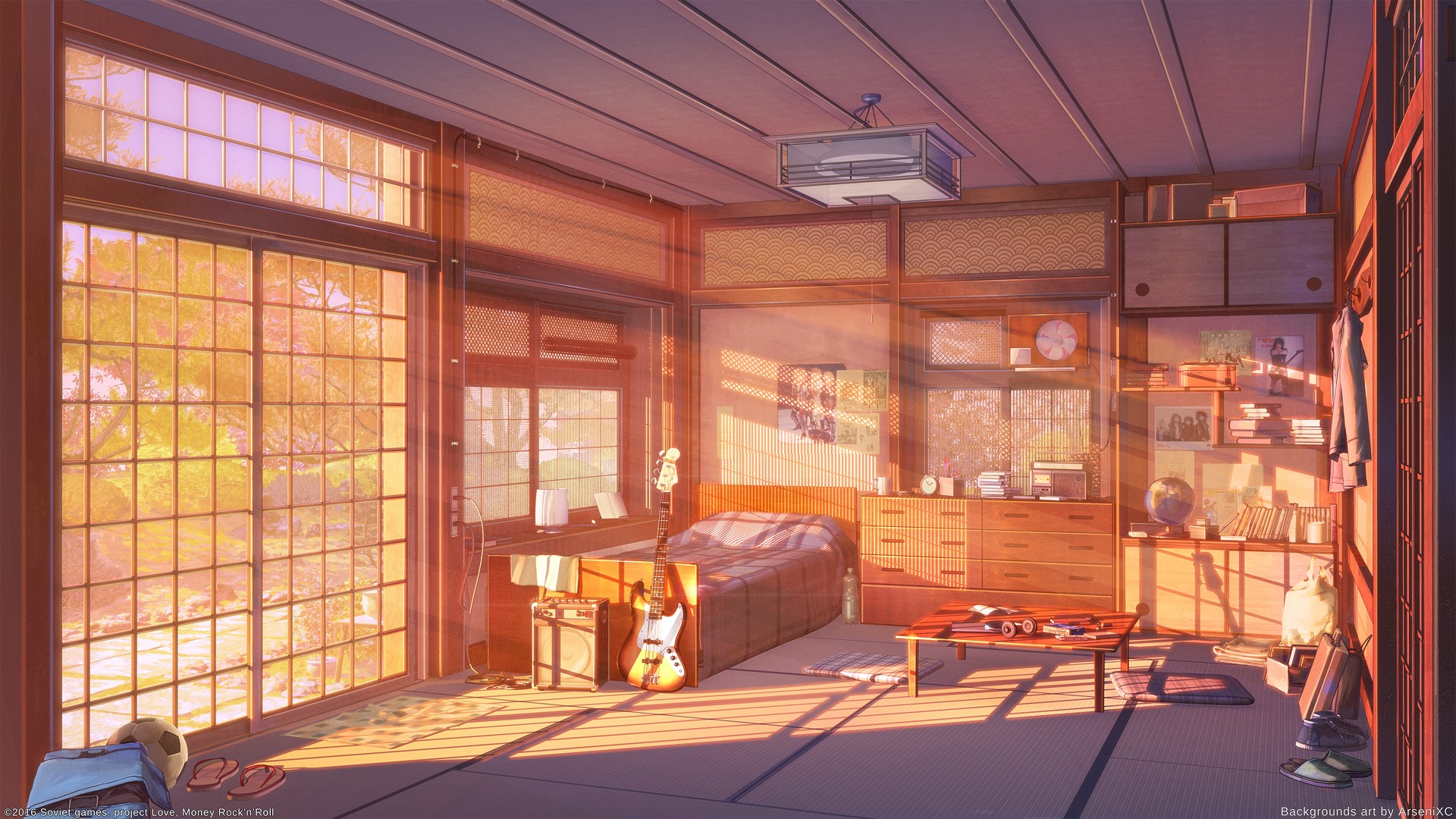 Anime room with guitar and sunlight HD Wallpaper