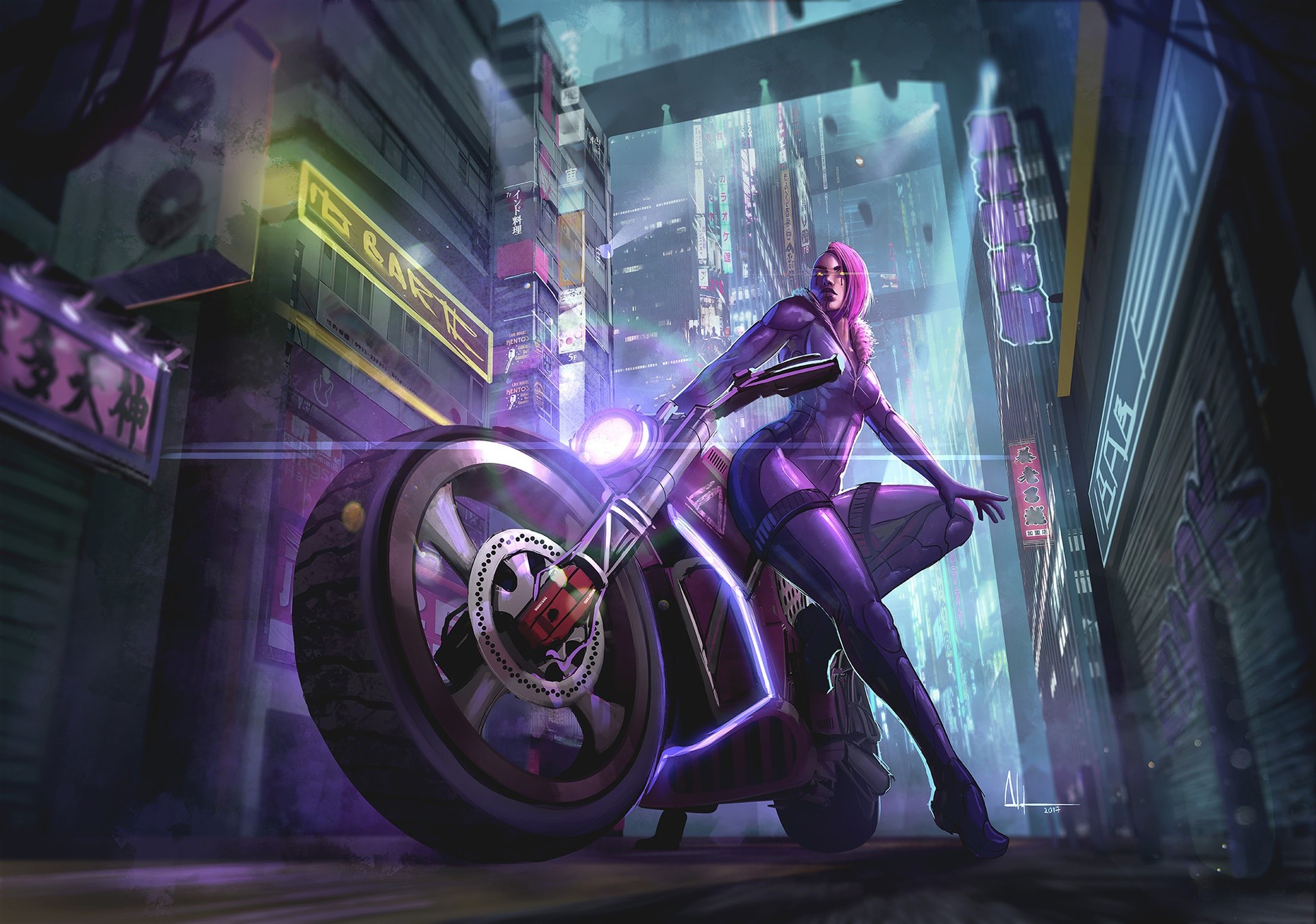 Woman with pink hair on a futuristic motorcycle in a neon city HD Wallpaper