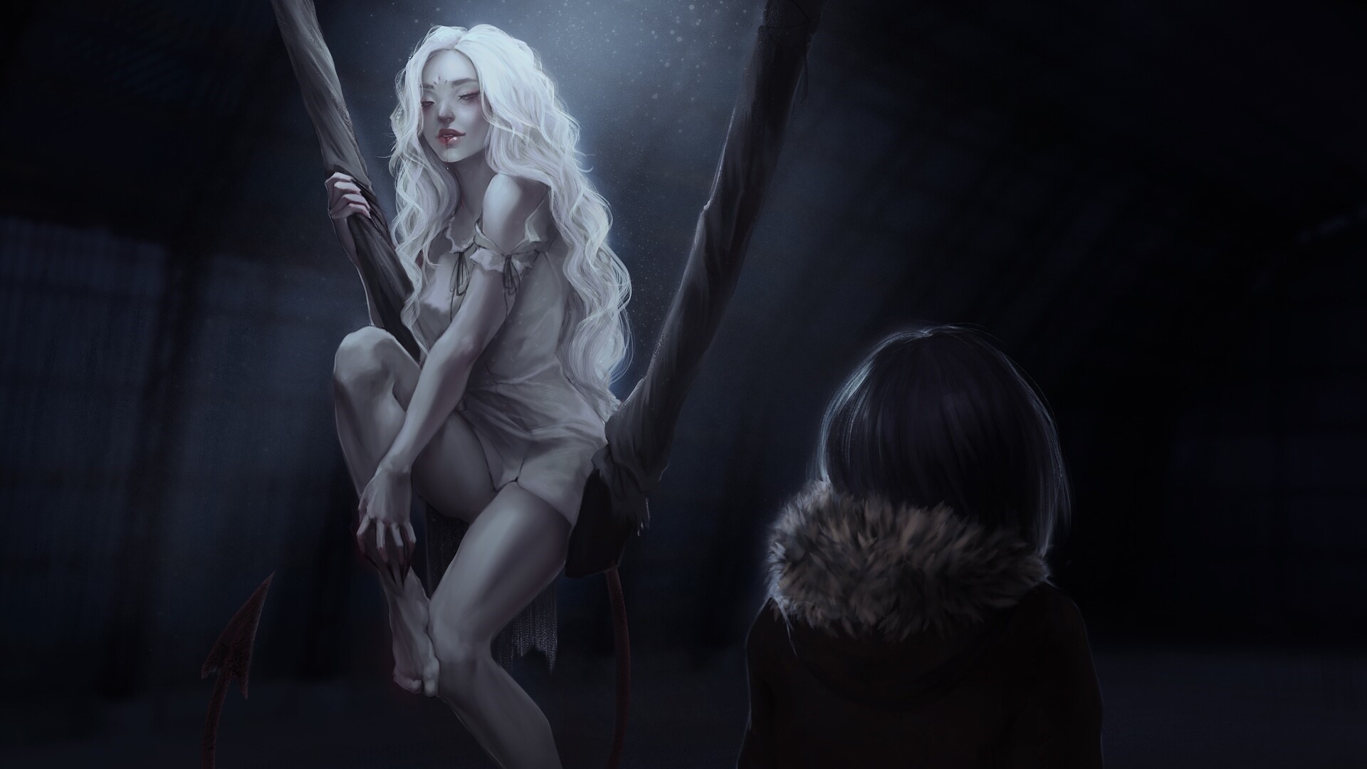 Fantasy girl with white hair and wings on a branch HD Wallpaper