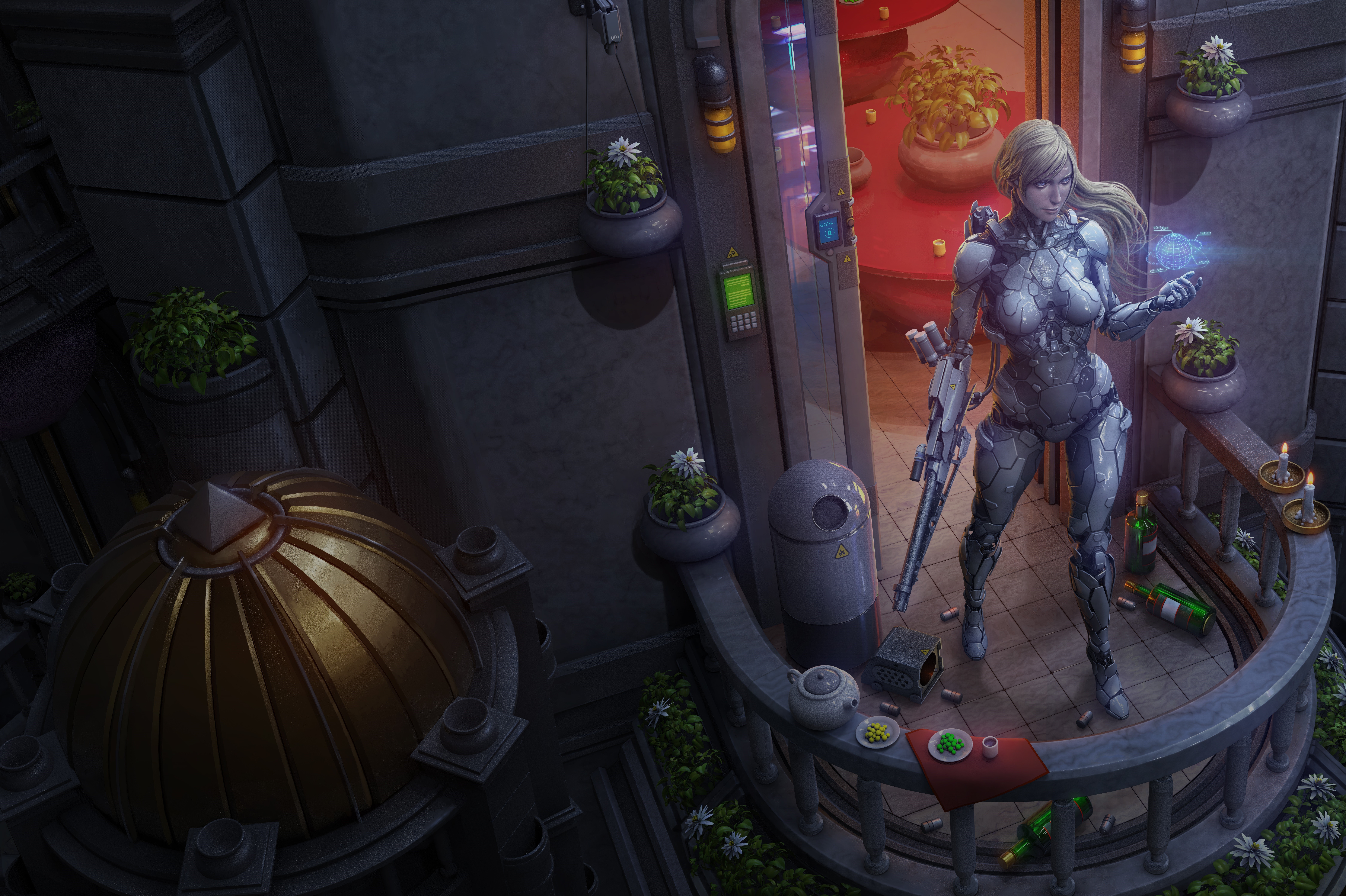 Cyborg woman with weapon on futuristic balcony HD Wallpaper