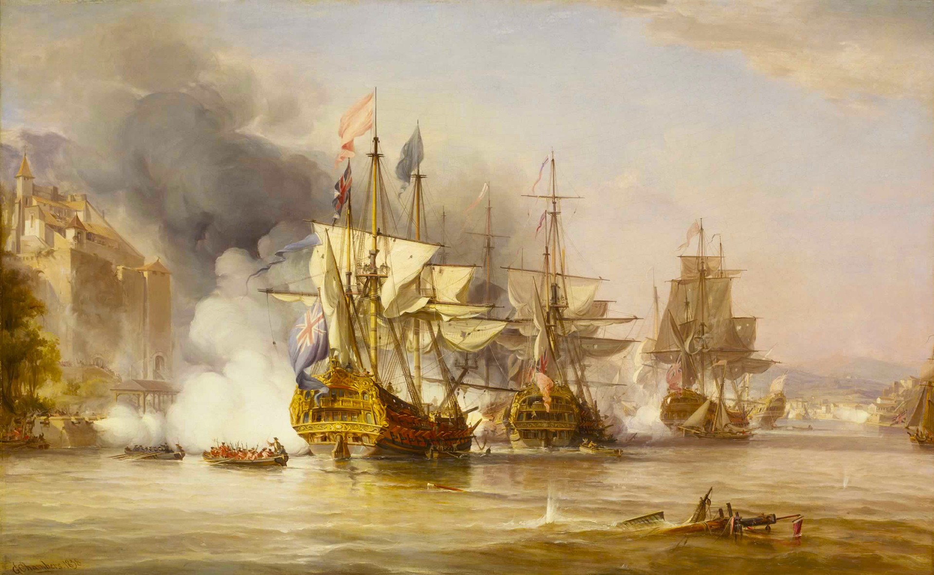 Naval Battle with Sailing Ships and Coastal Fortress HD Wallpaper