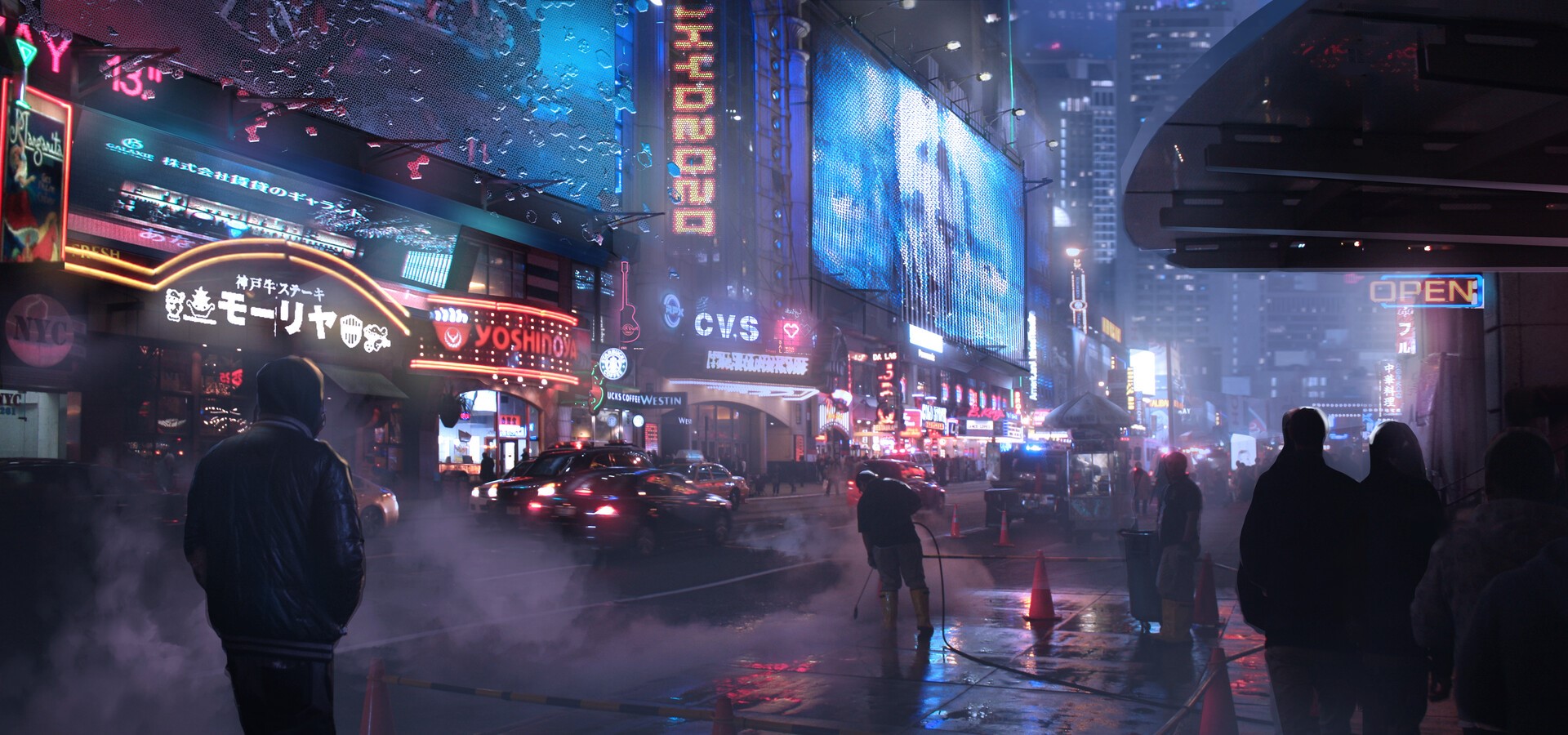 Cyberpunk cityscape at night with neon signs and cars HD Wallpaper