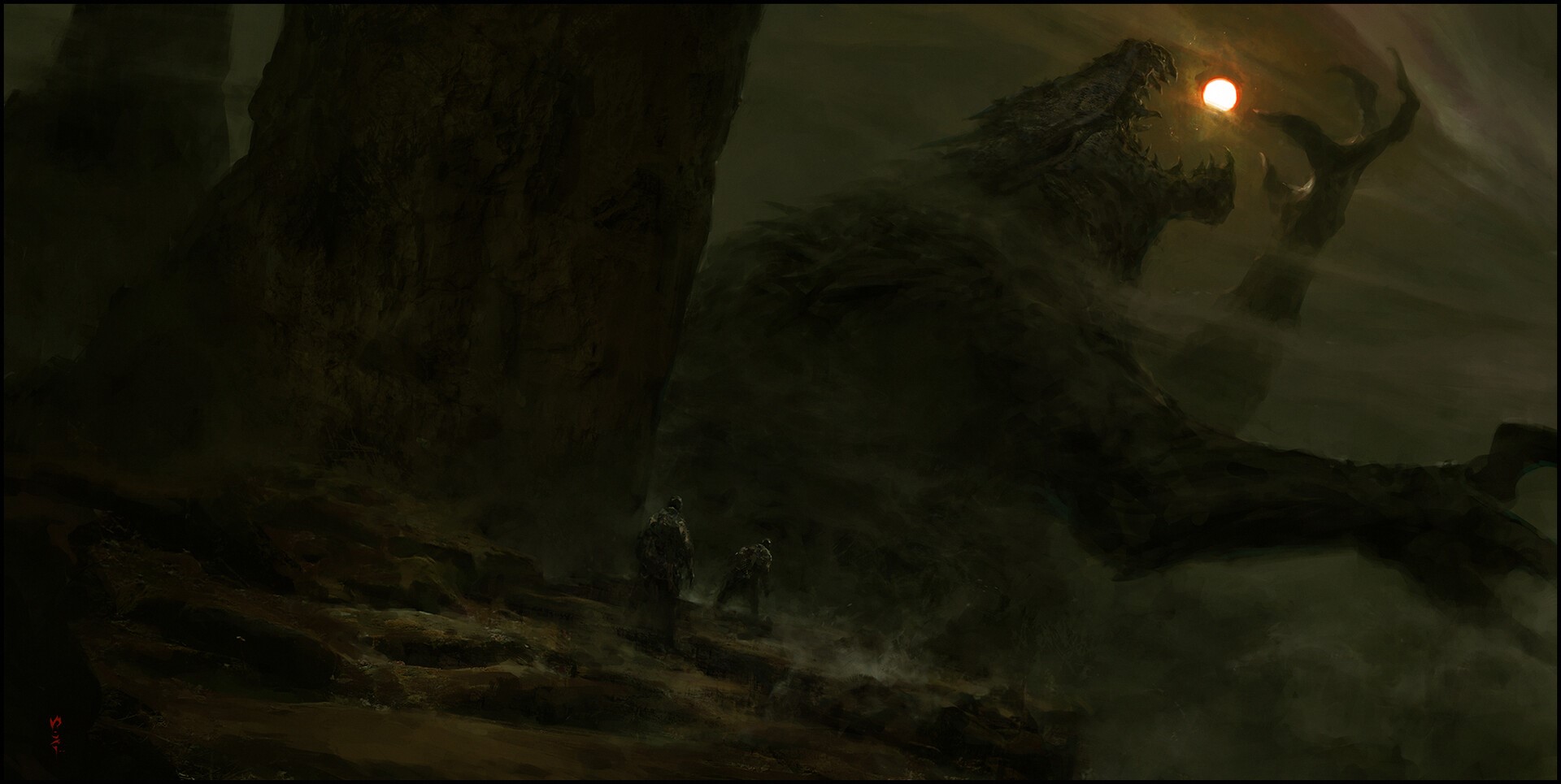 Giant creature with glowing eye and adventurers in a dark landscape HD Wallpaper