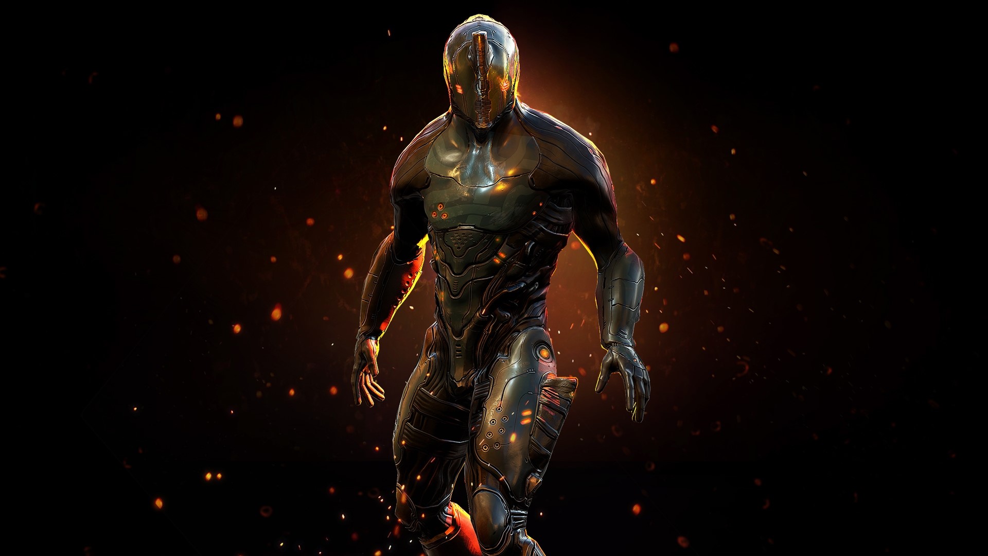Warframe character in dark armor with glowing accents HD Wallpaper