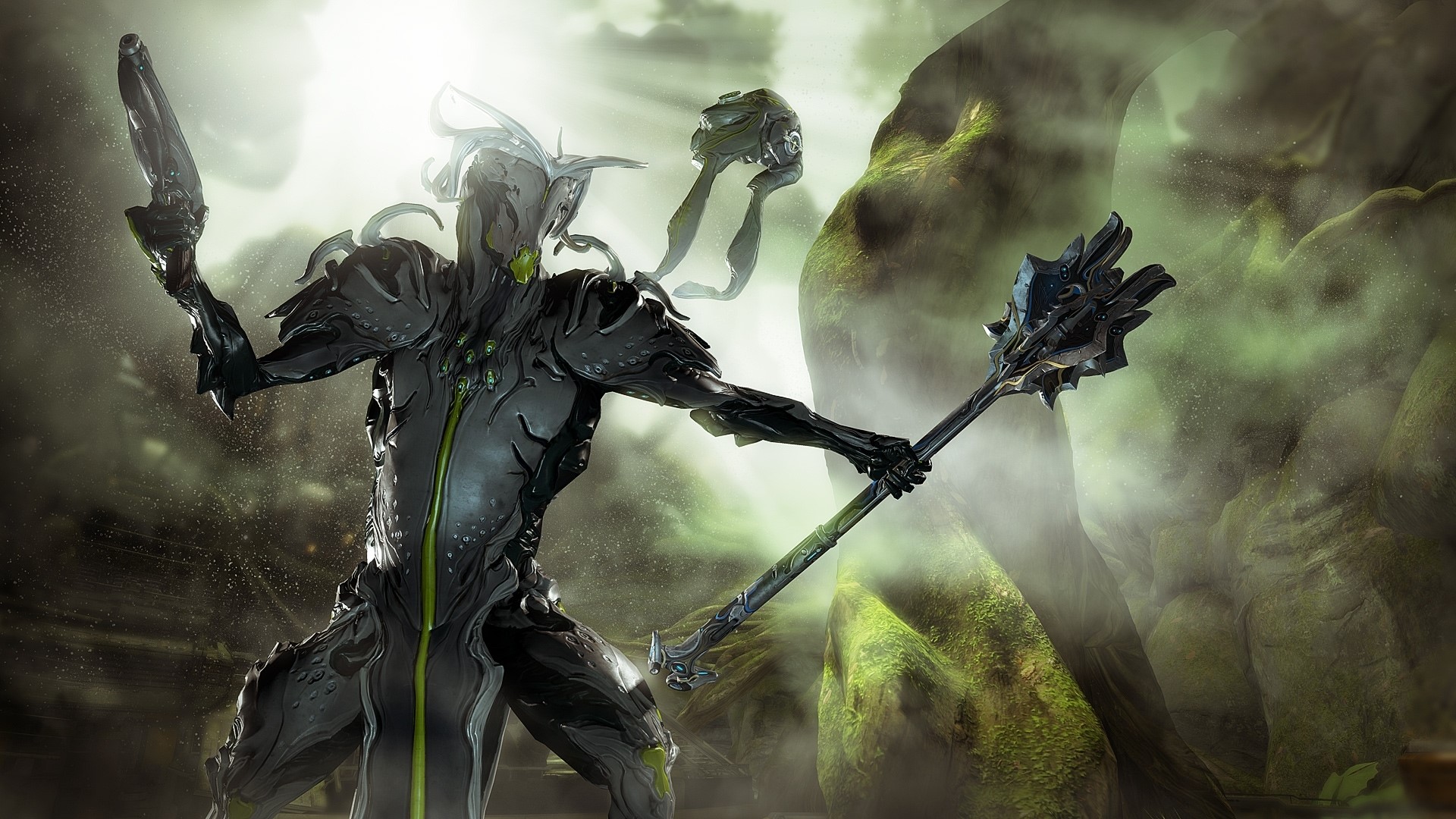 Warframe character with mace and pistol in misty environment HD Wallpaper