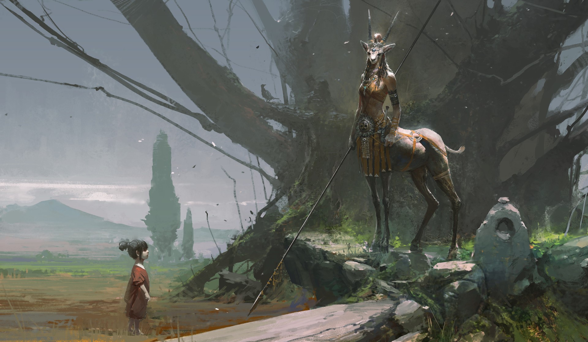Fantasy art of a child and a centaur creature with a spear HD Wallpaper