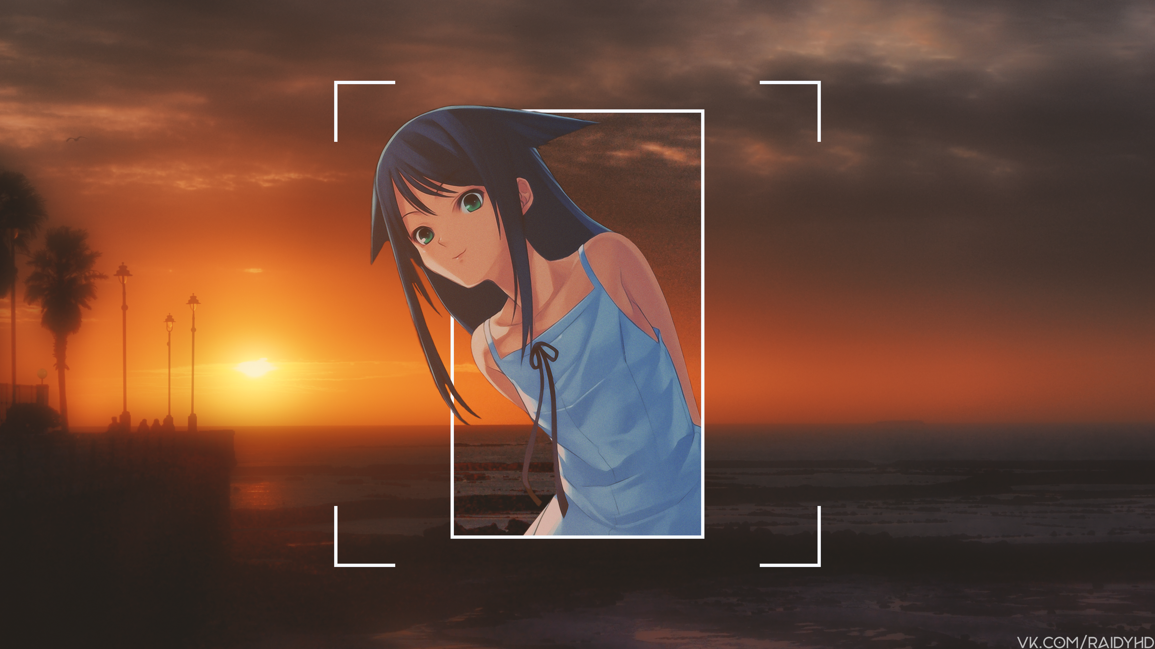 4K anime girl in blue dress at sunset HD Wallpaper
